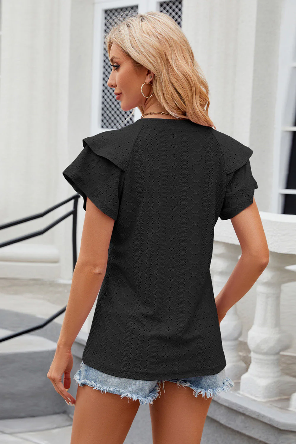 Eyelet Notched Short Sleeve T-Shirt - Image 20