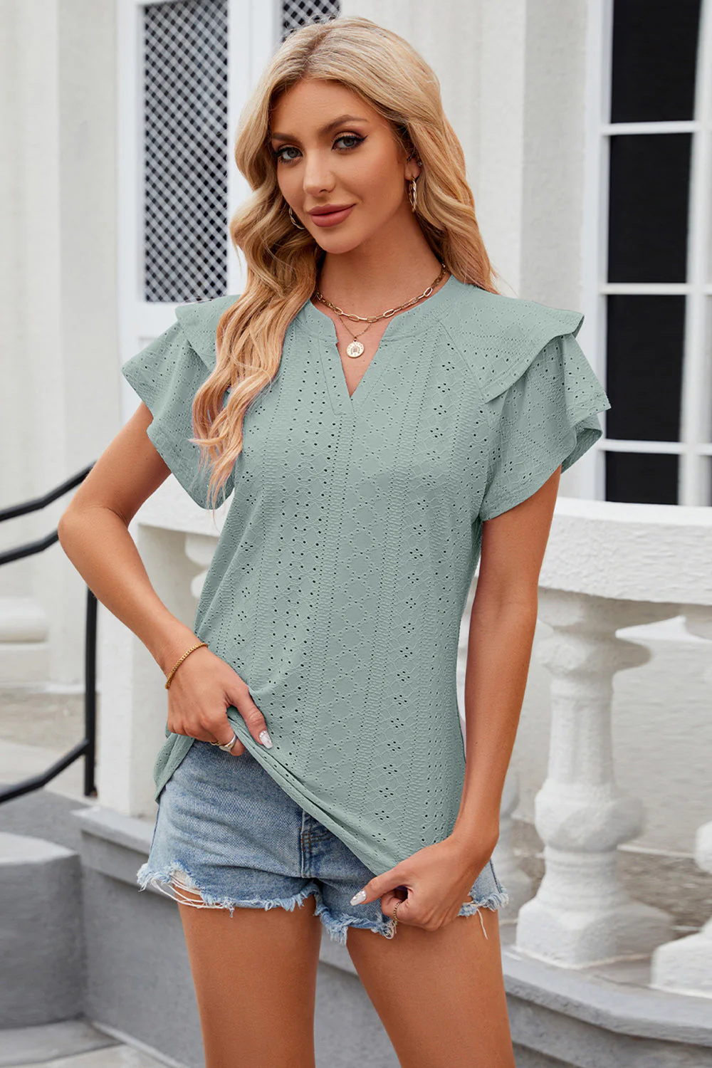 Eyelet Notched Short Sleeve T-Shirt - Image 21