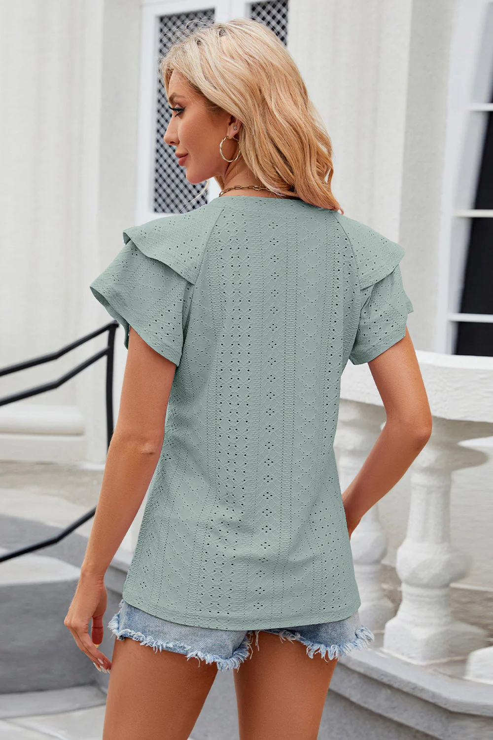 Eyelet Notched Short Sleeve T-Shirt - Image 24