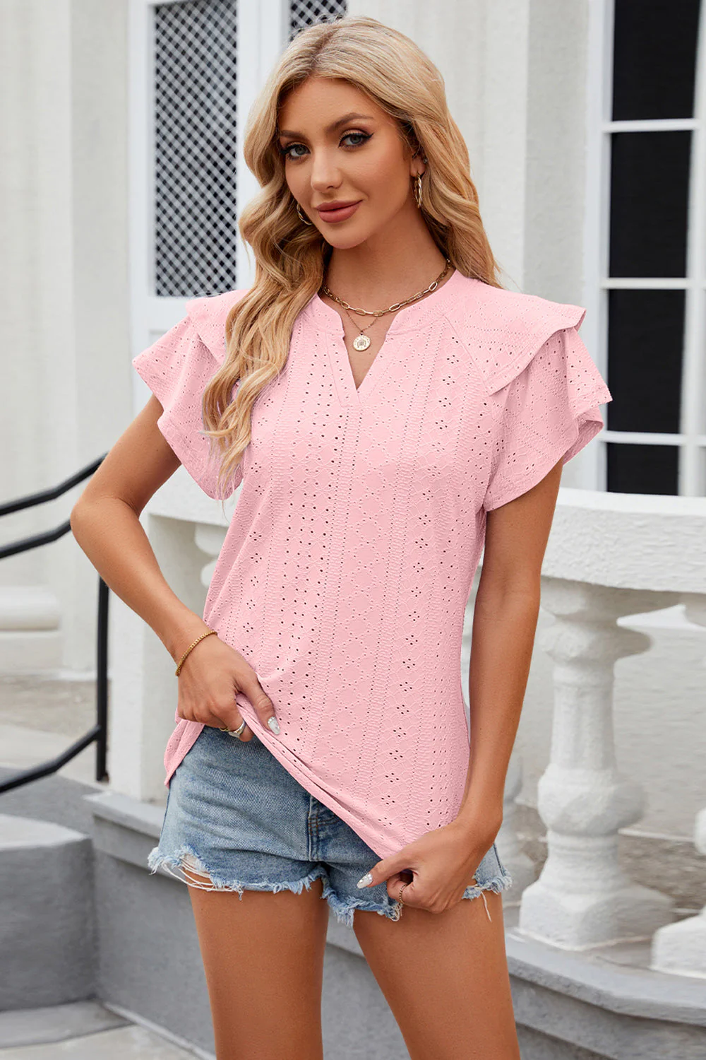Eyelet Notched Short Sleeve T-Shirt - Image 25