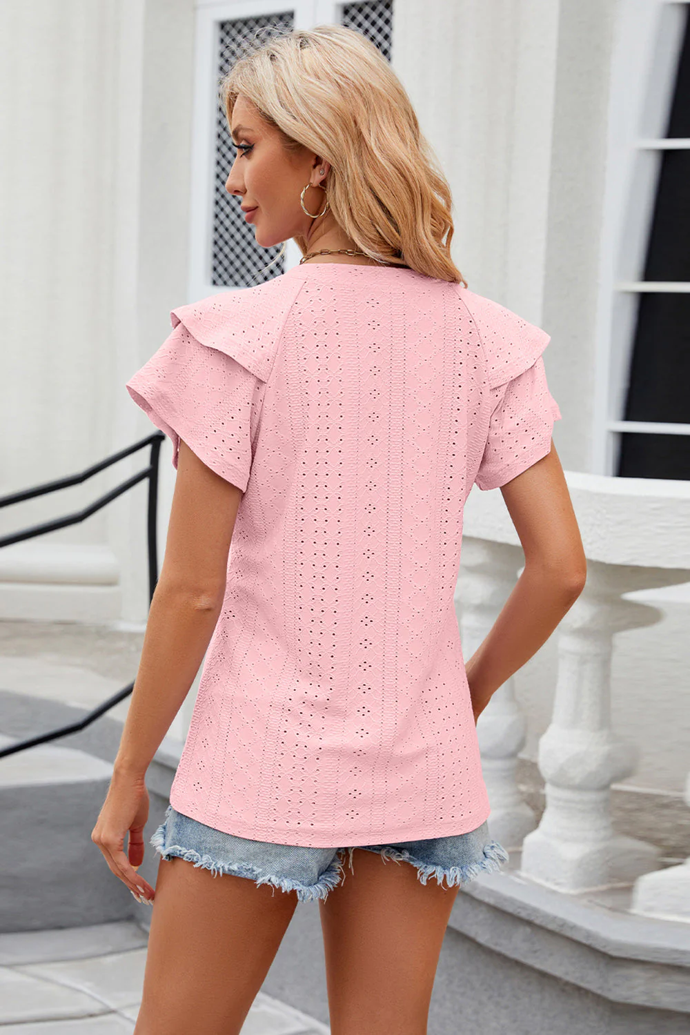 Eyelet Notched Short Sleeve T-Shirt - Image 28