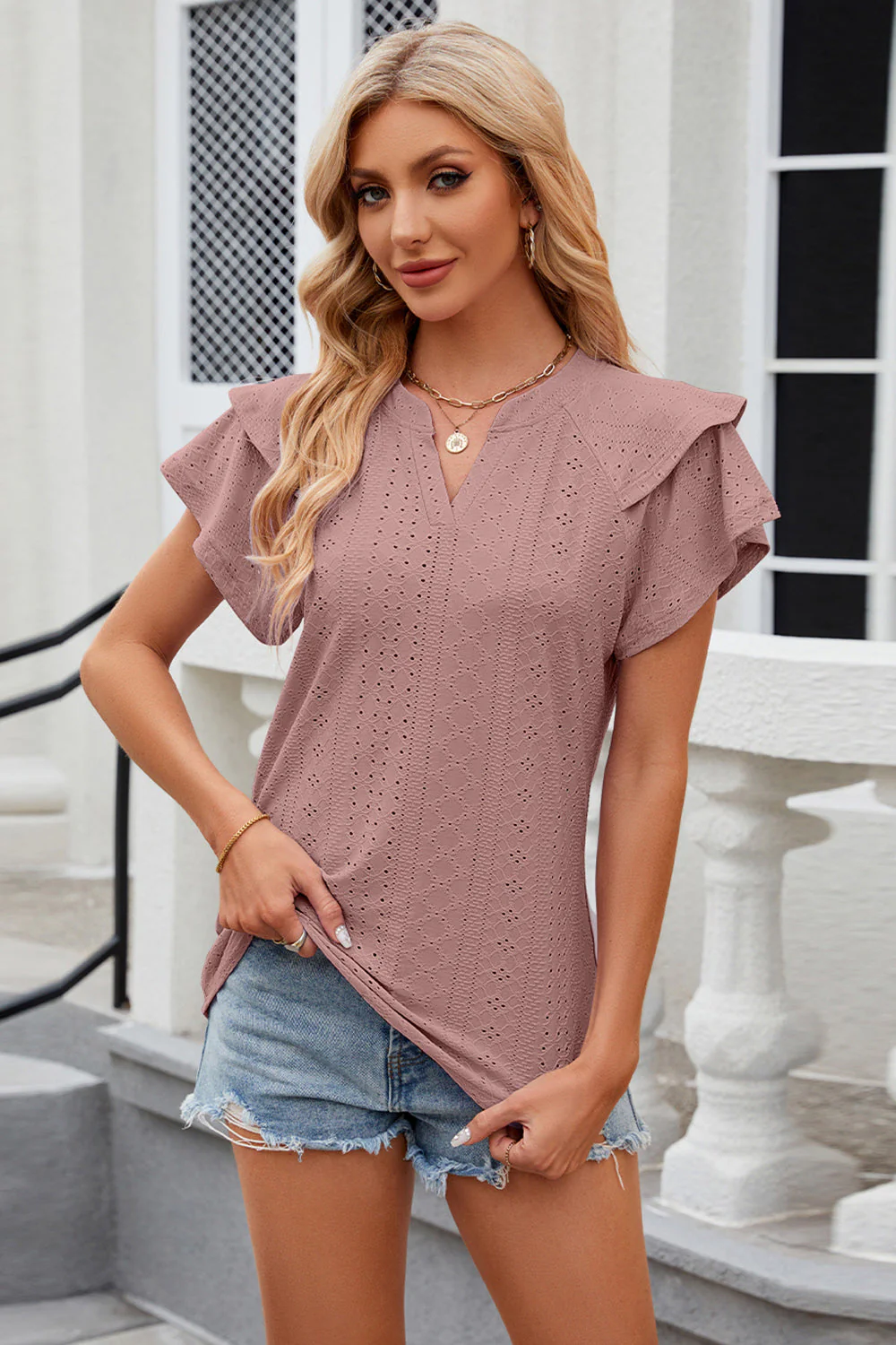 Eyelet Notched Short Sleeve T-Shirt - Image 29