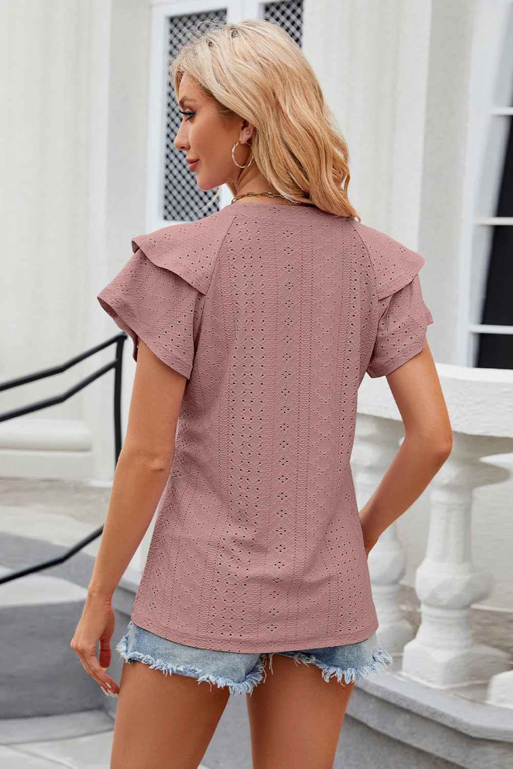 Eyelet Notched Short Sleeve T-Shirt - Image 32