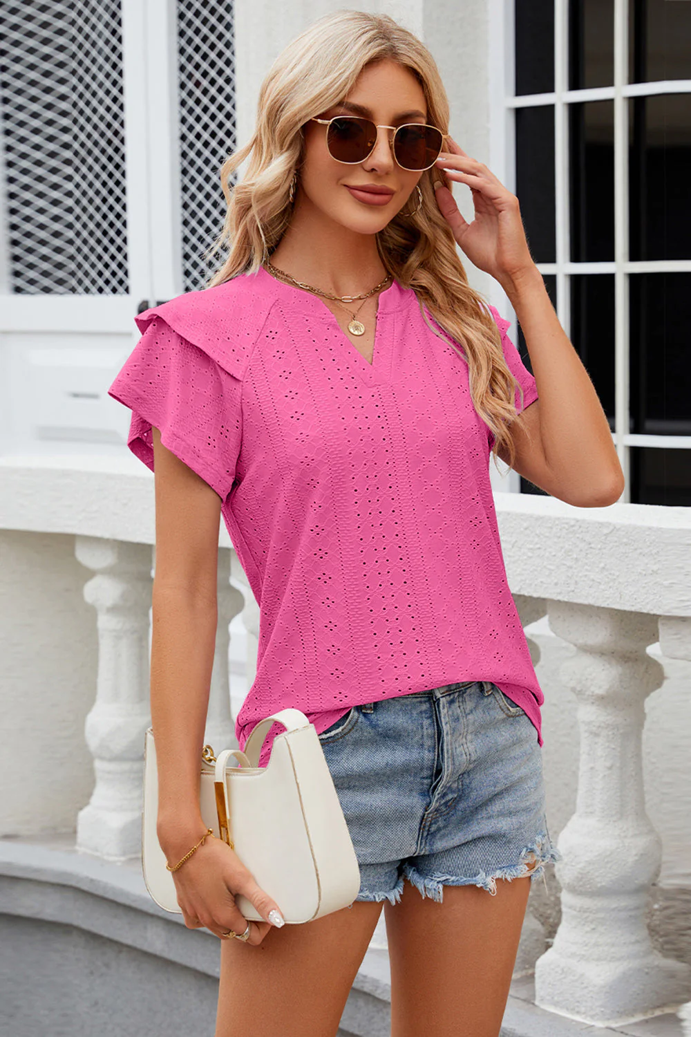 Eyelet Notched Short Sleeve T-Shirt - Image 4
