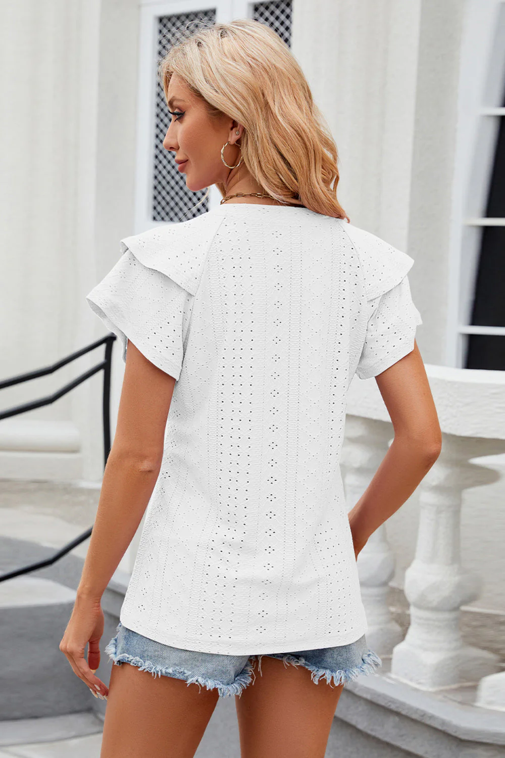 Eyelet Notched Short Sleeve T-Shirt - Image 8
