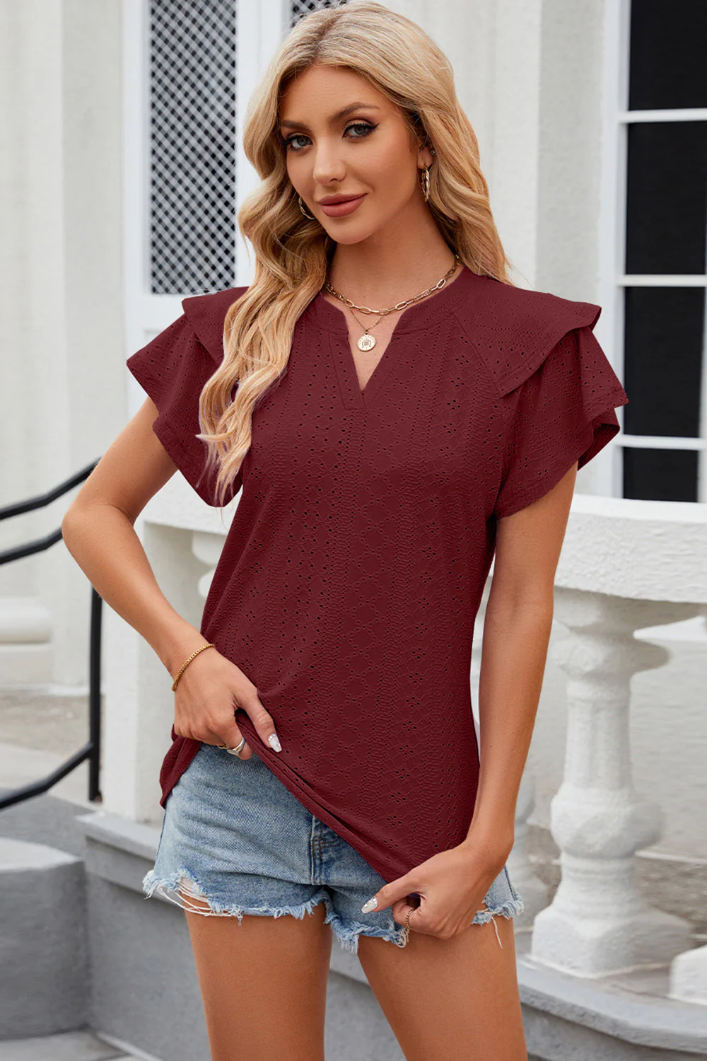 Eyelet Notched Short Sleeve T-Shirt - Image 9