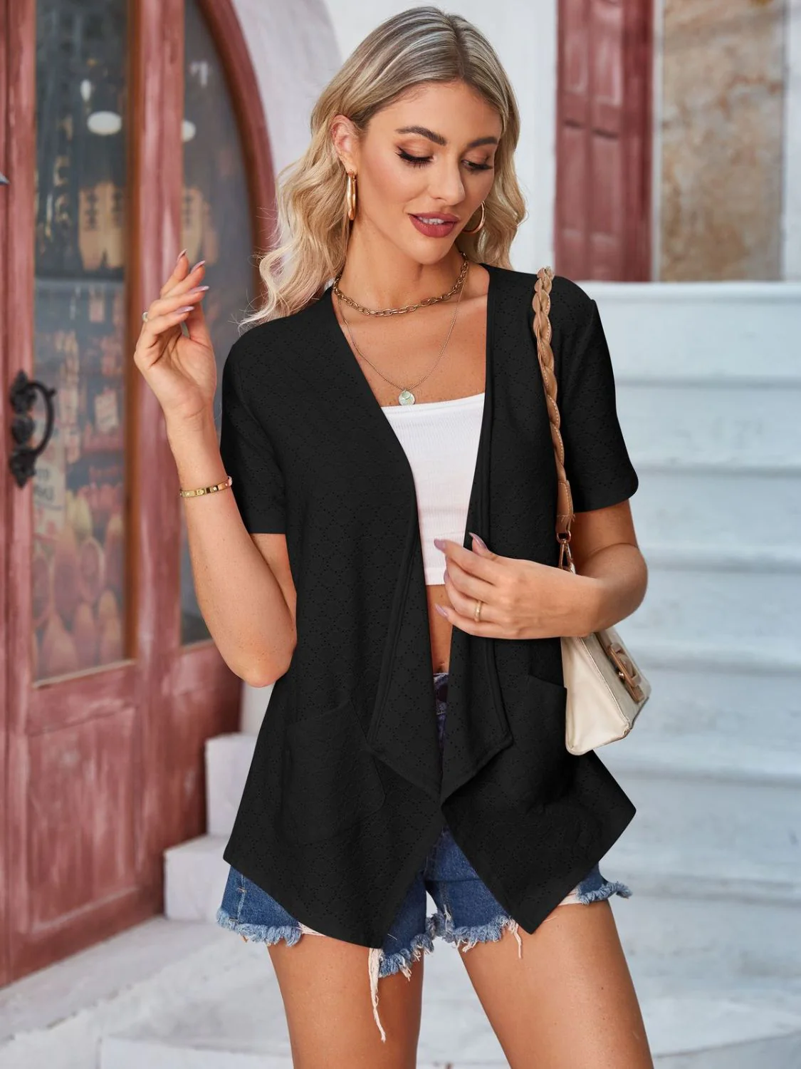 Eyelet Open Front Short Sleeve Cover Up - Image 13