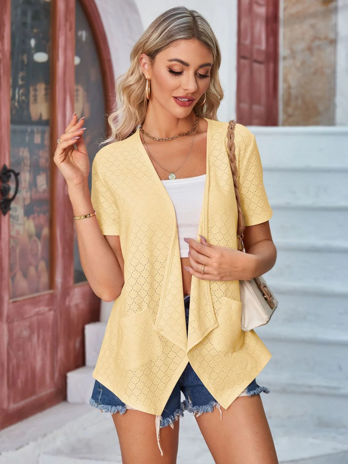 Eyelet Open Front Short Sleeve Cover Up - Image 18