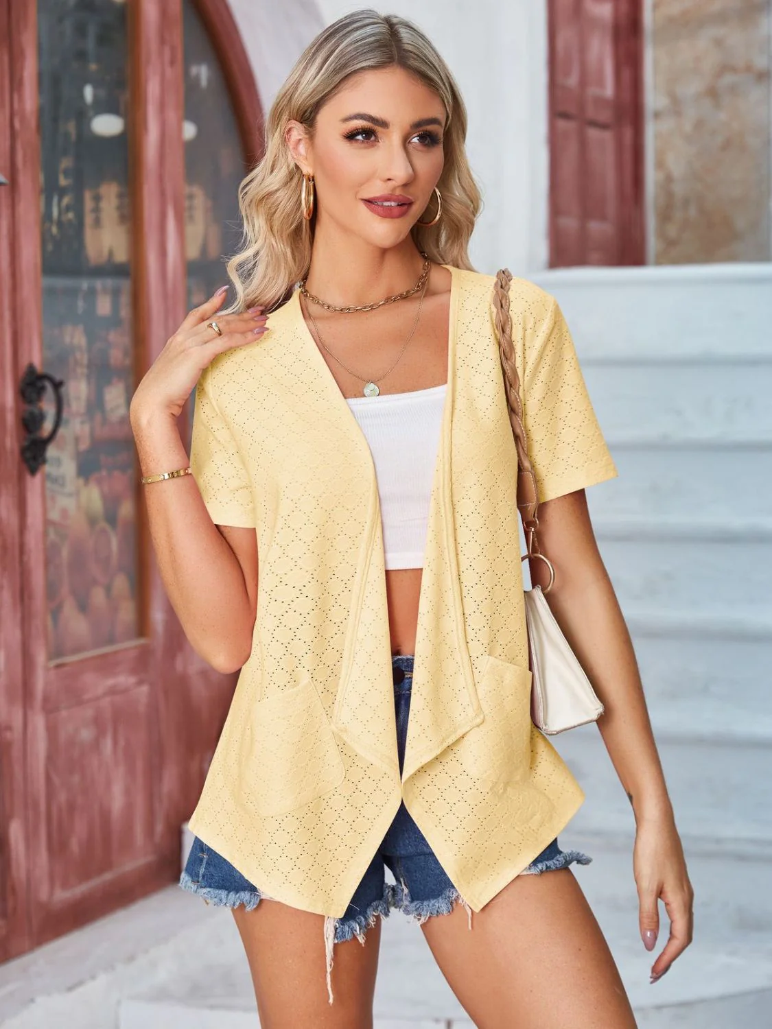 Eyelet Open Front Short Sleeve Cover Up - Image 19