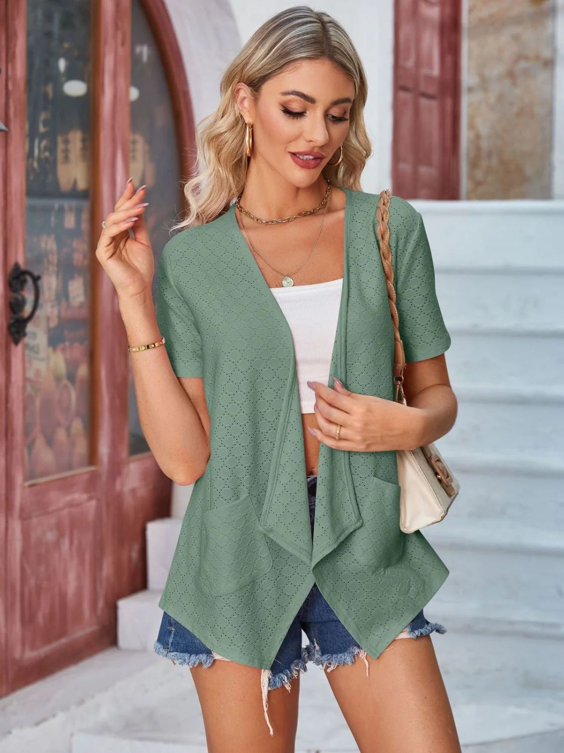 Eyelet Open Front Short Sleeve Cover Up - Image 23