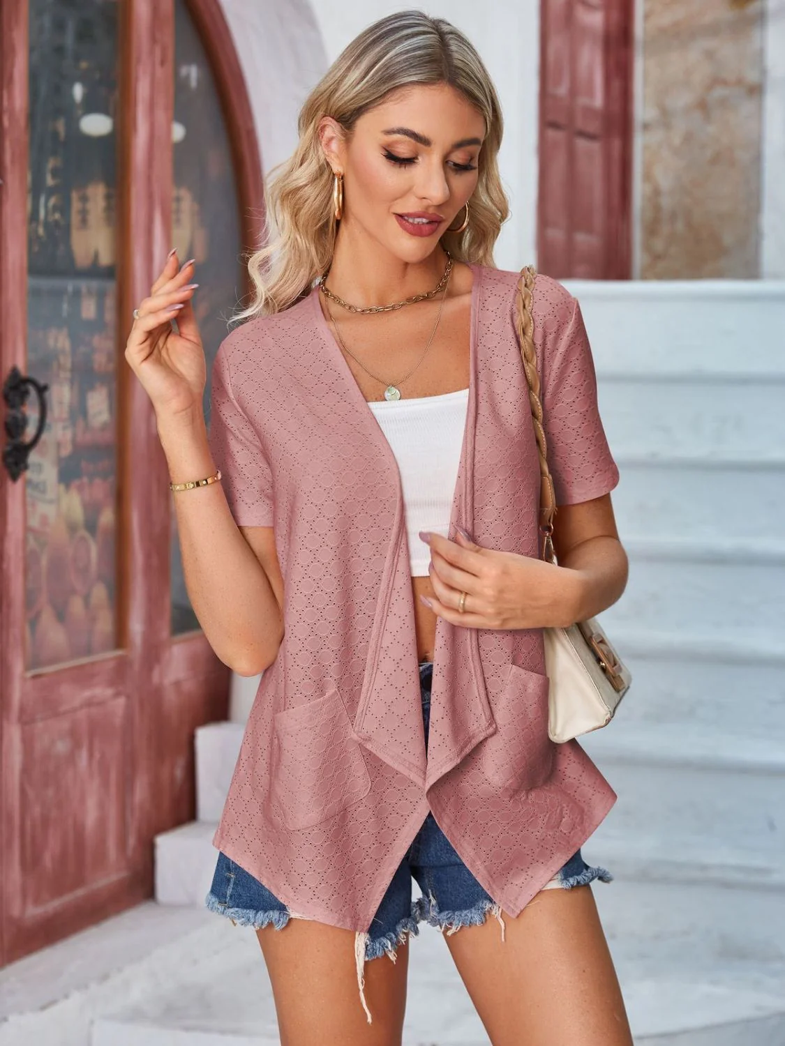 Eyelet Open Front Short Sleeve Cover Up - Image 28