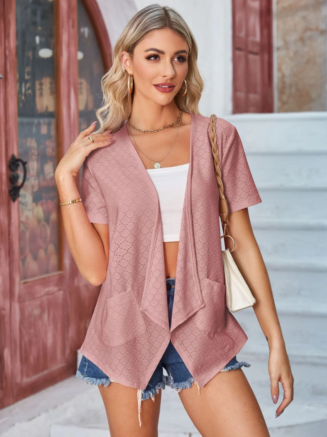 Eyelet Open Front Short Sleeve Cover Up - Image 29