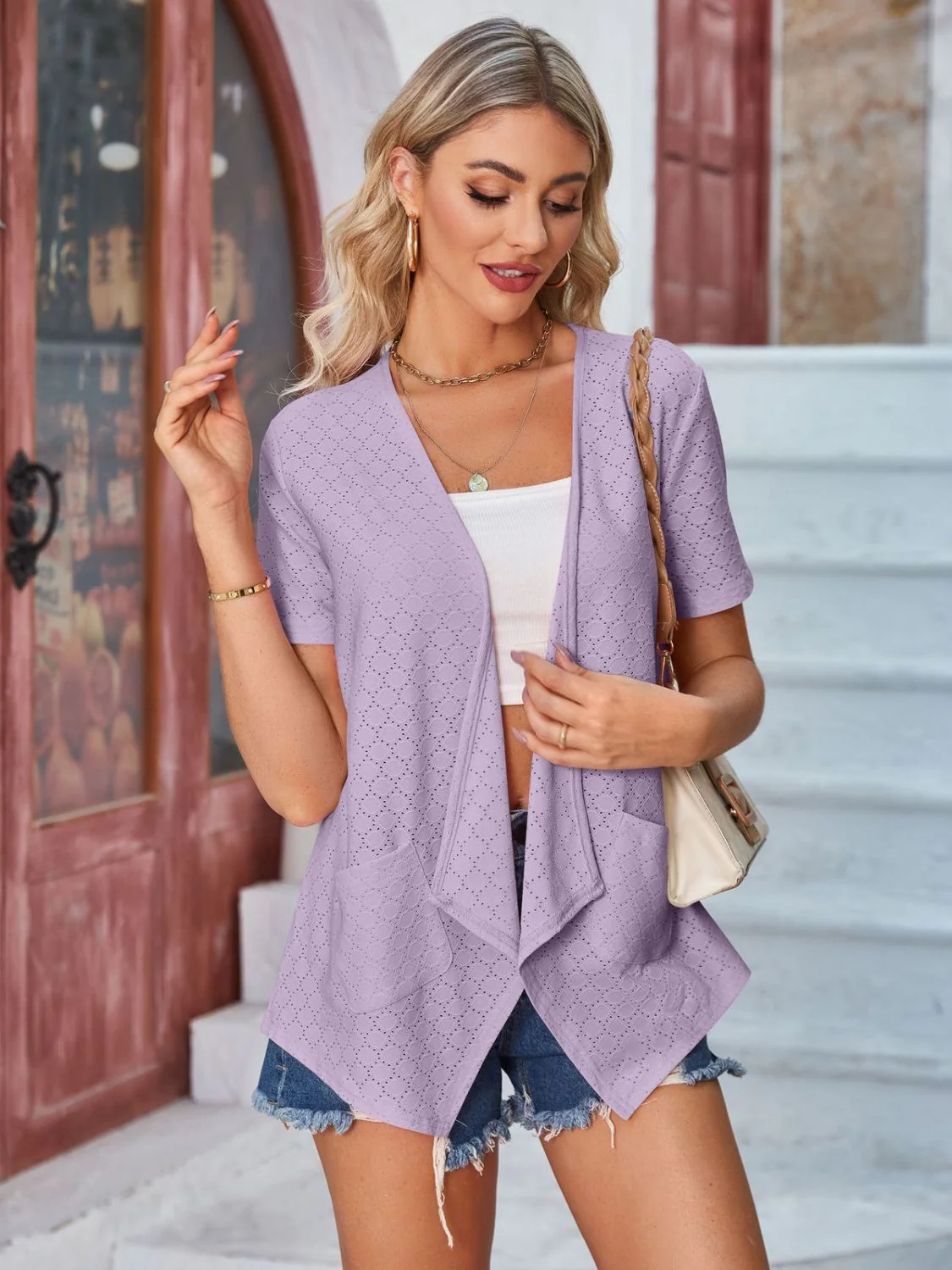 Eyelet Open Front Short Sleeve Cover Up - Image 33