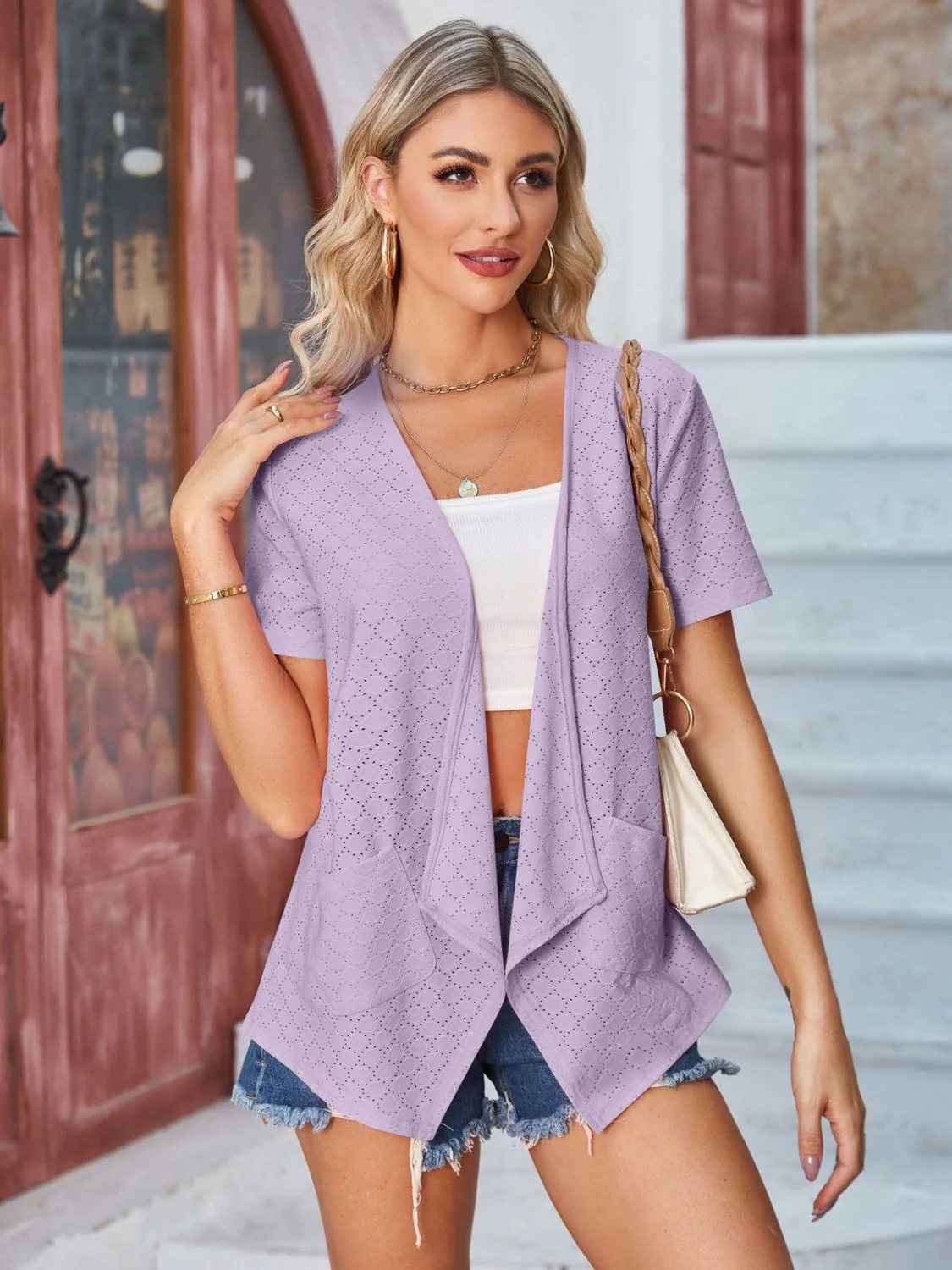 Eyelet Open Front Short Sleeve Cover Up - Image 34