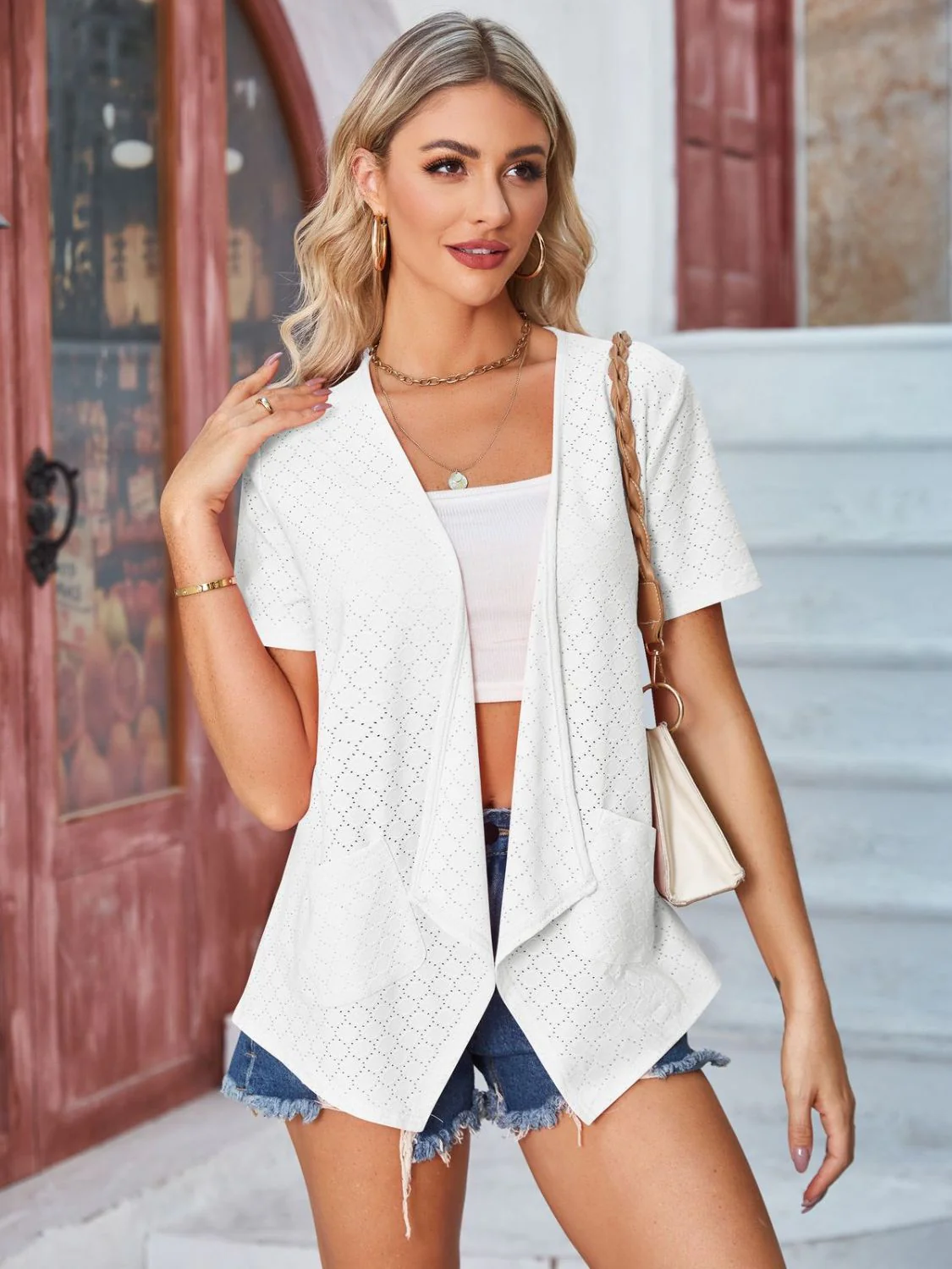 Eyelet Open Front Short Sleeve Cover Up - Image 7