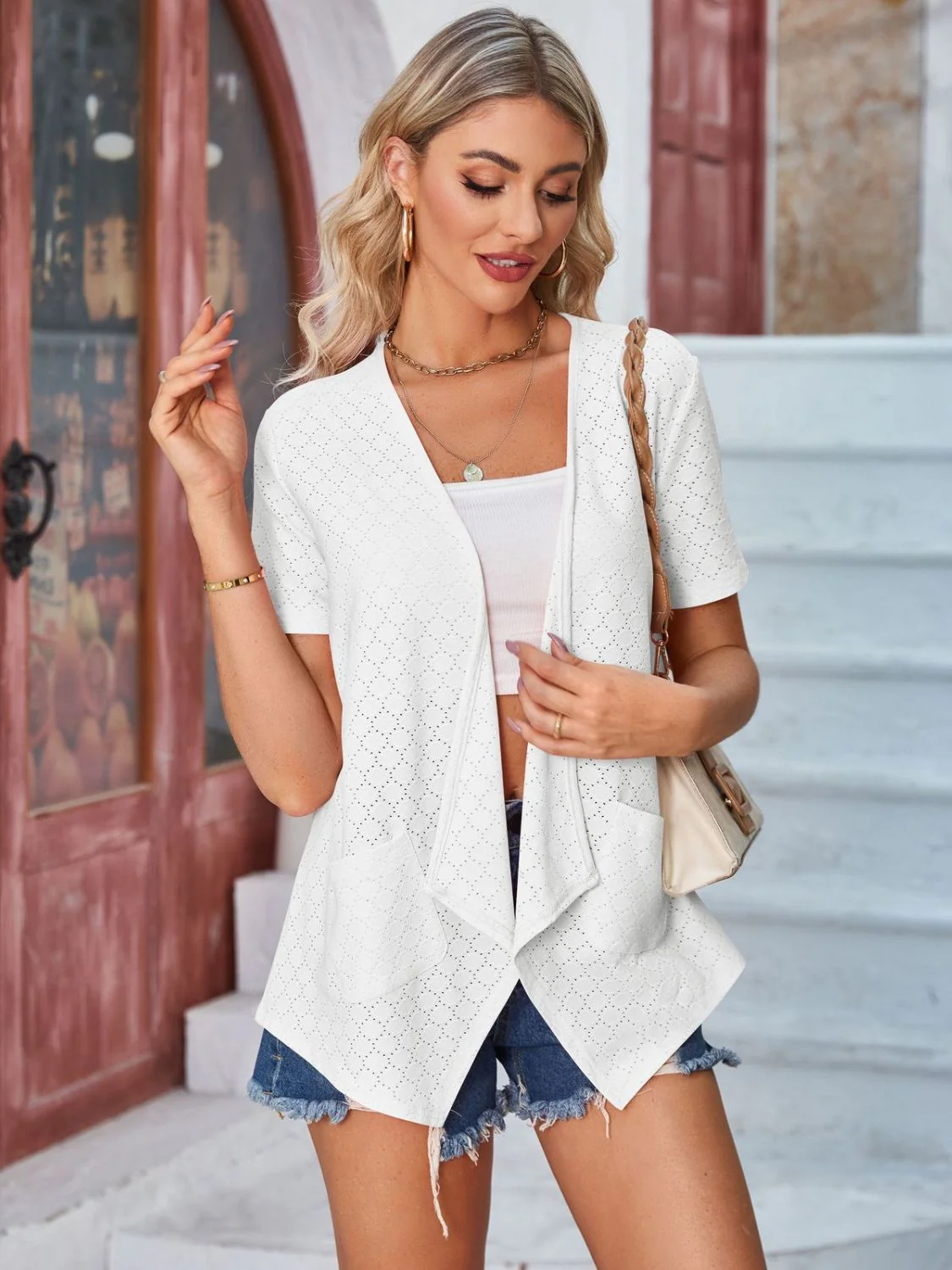 Eyelet Open Front Short Sleeve Cover Up - Image 8