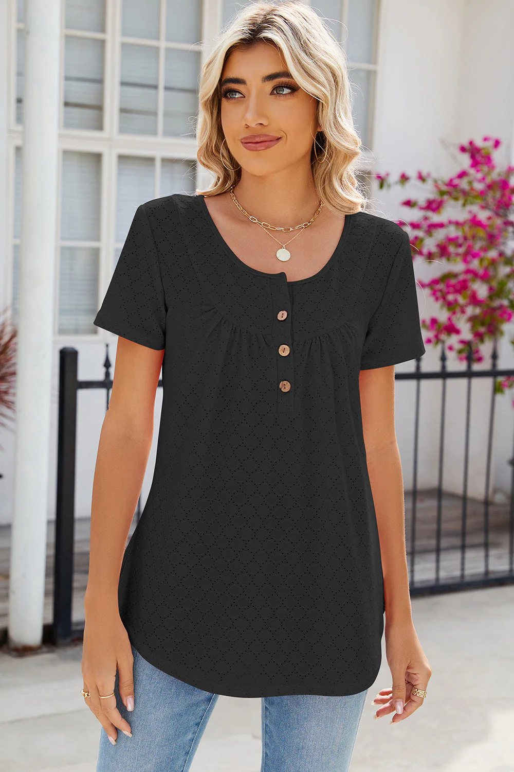 Eyelet Quarter Button Short Sleeve T-Shirt - Image 13