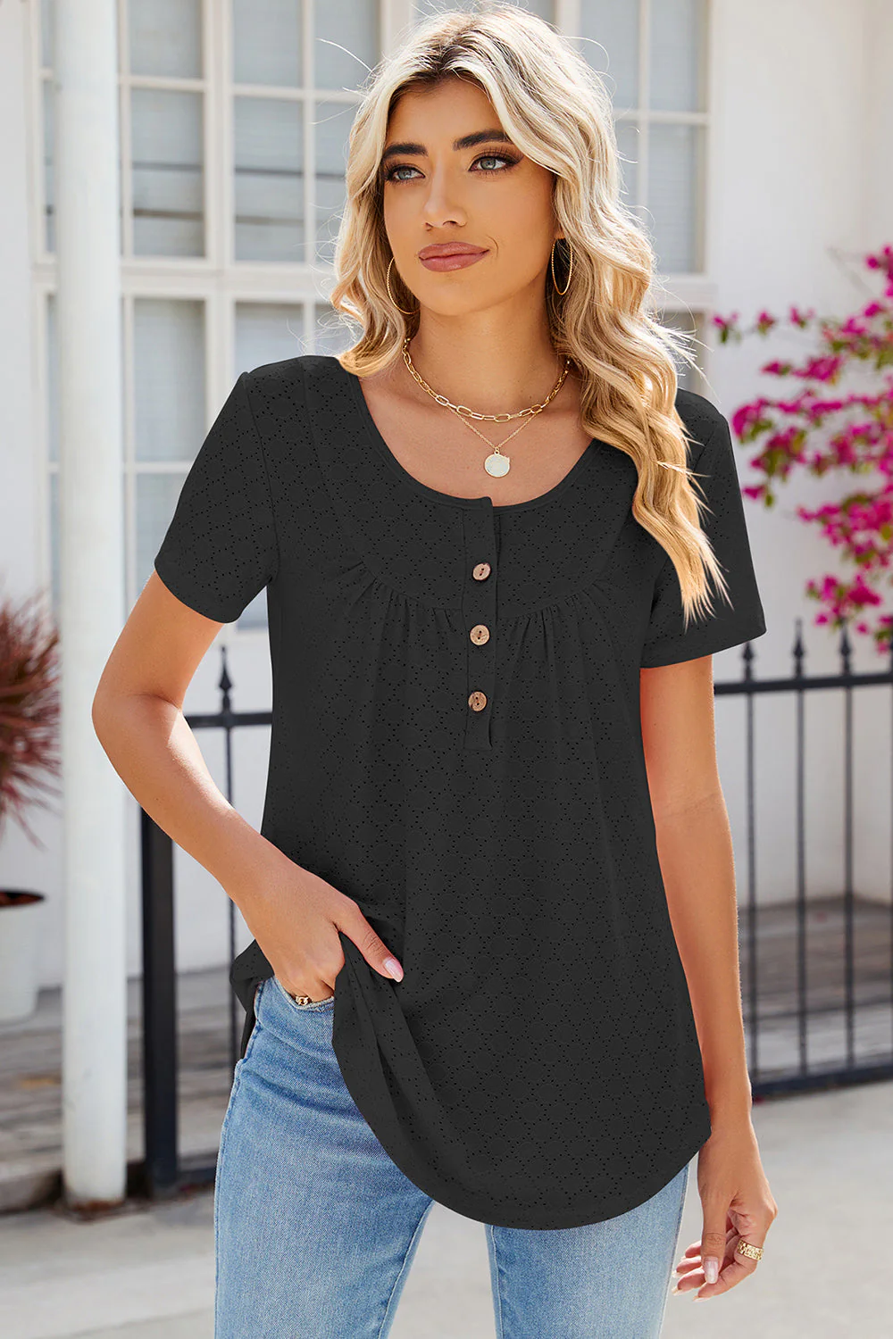 Eyelet Quarter Button Short Sleeve T-Shirt - Image 15