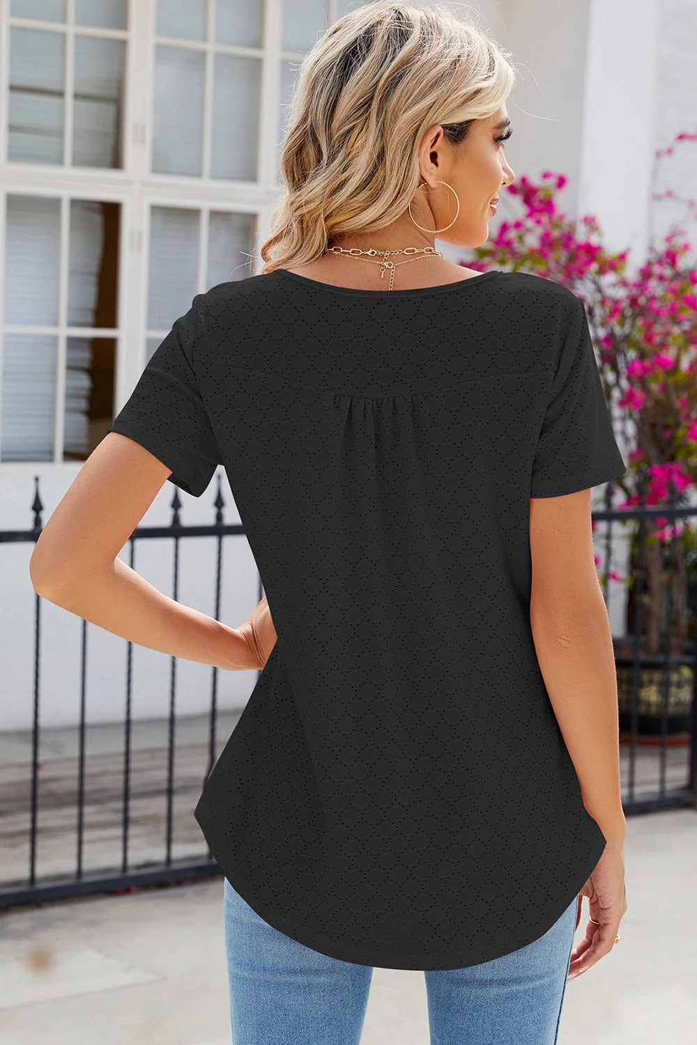 Eyelet Quarter Button Short Sleeve T-Shirt - Image 16