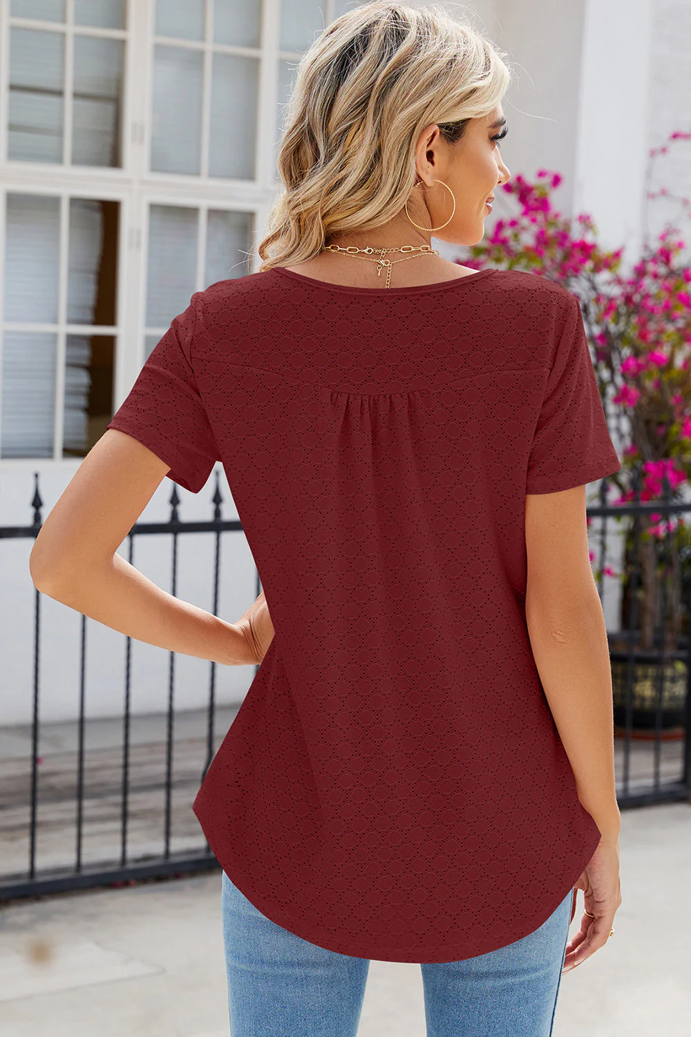 Eyelet Quarter Button Short Sleeve T-Shirt - Image 20