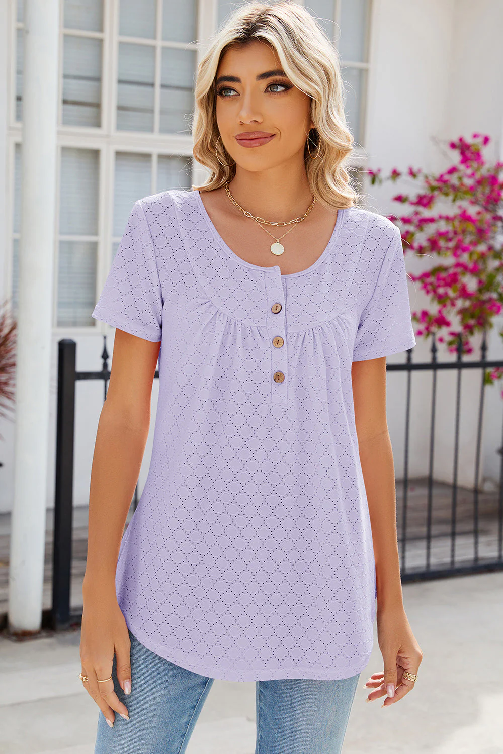 Eyelet Quarter Button Short Sleeve T-Shirt - Image 29