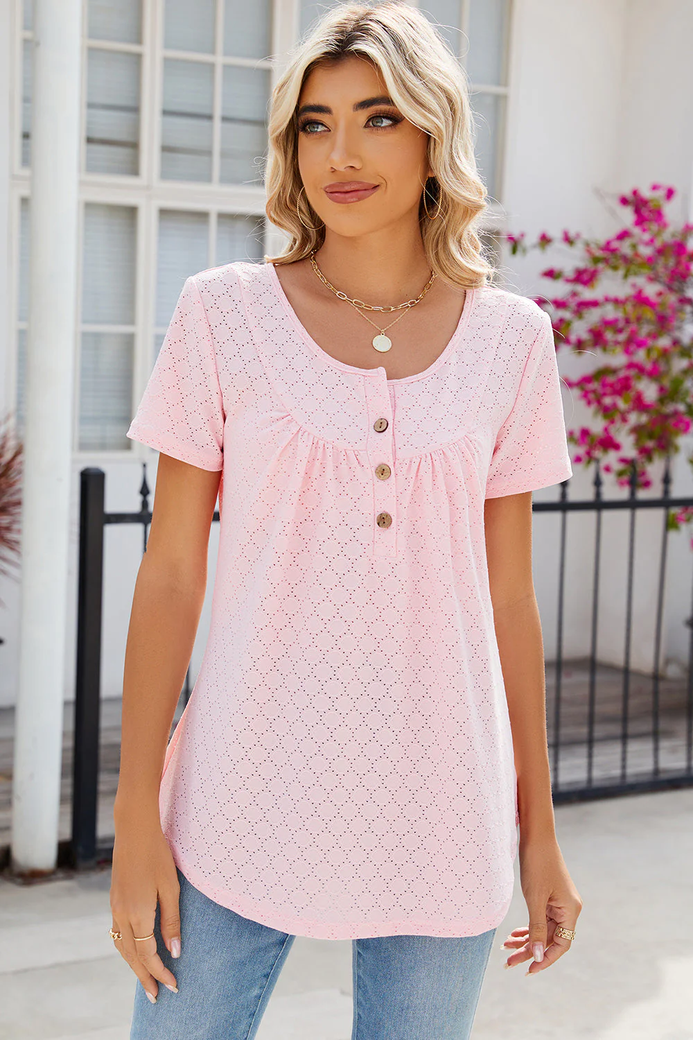 Eyelet Quarter Button Short Sleeve T-Shirt - Image 9
