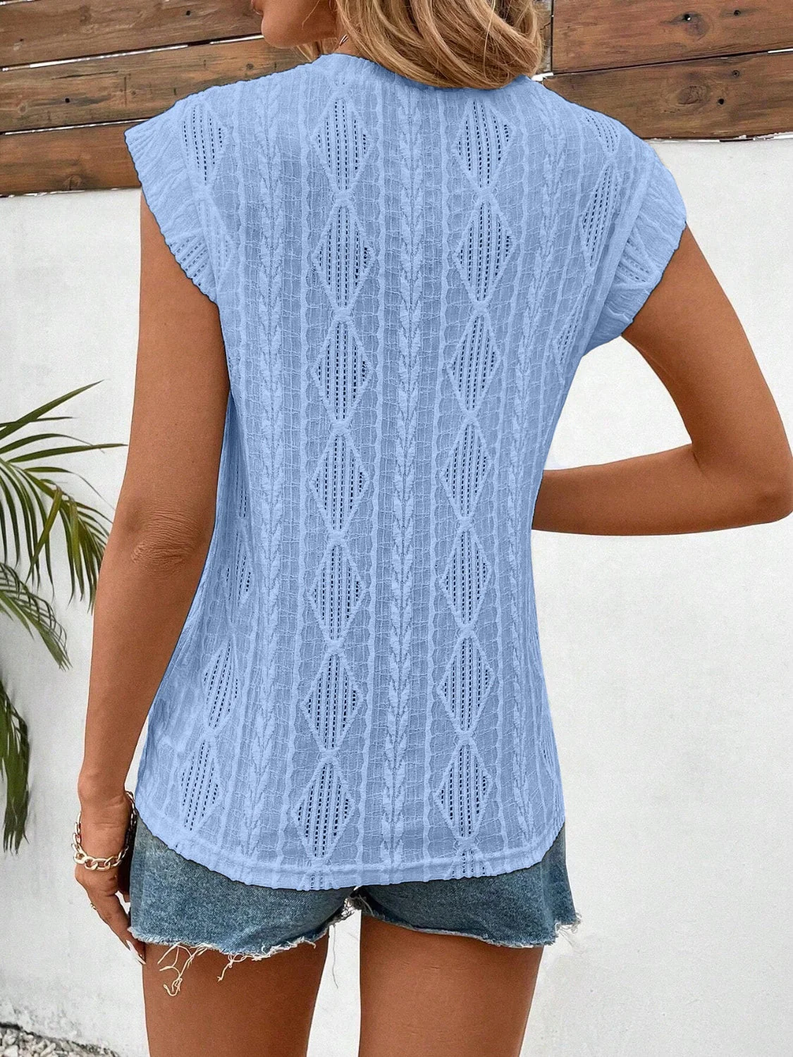Eyelet Round Neck Cap Sleeve Top - Image 10