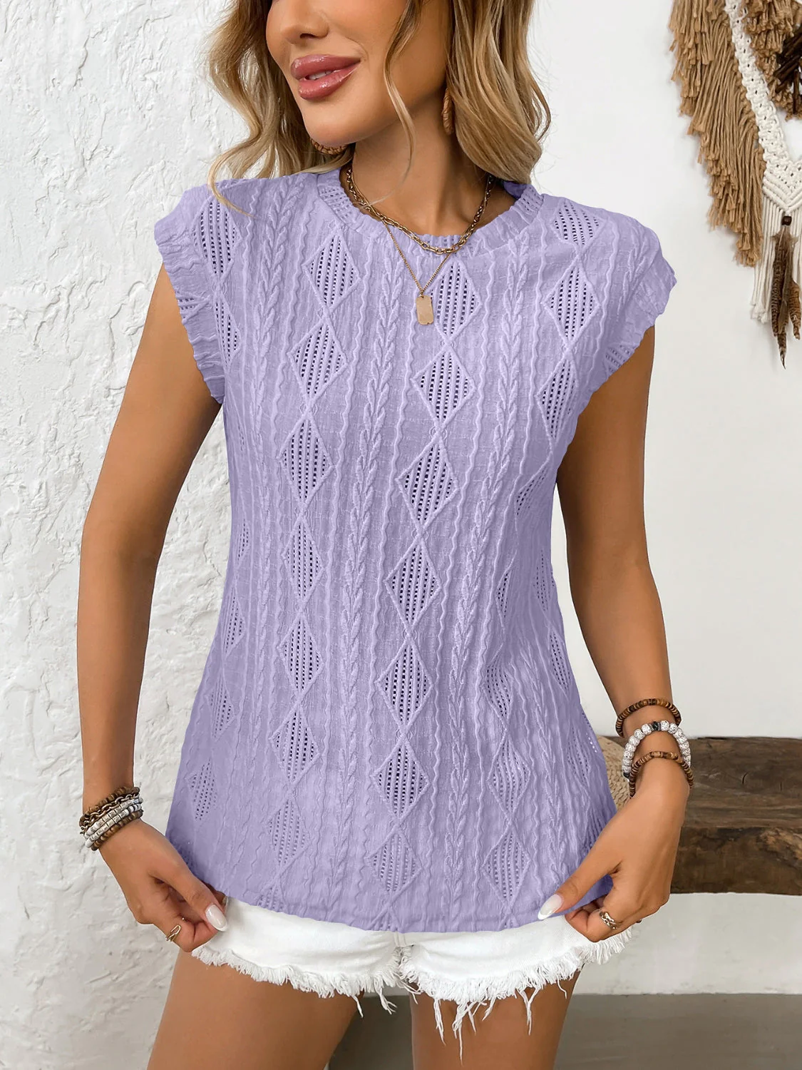 Eyelet Round Neck Cap Sleeve Top - Image 13