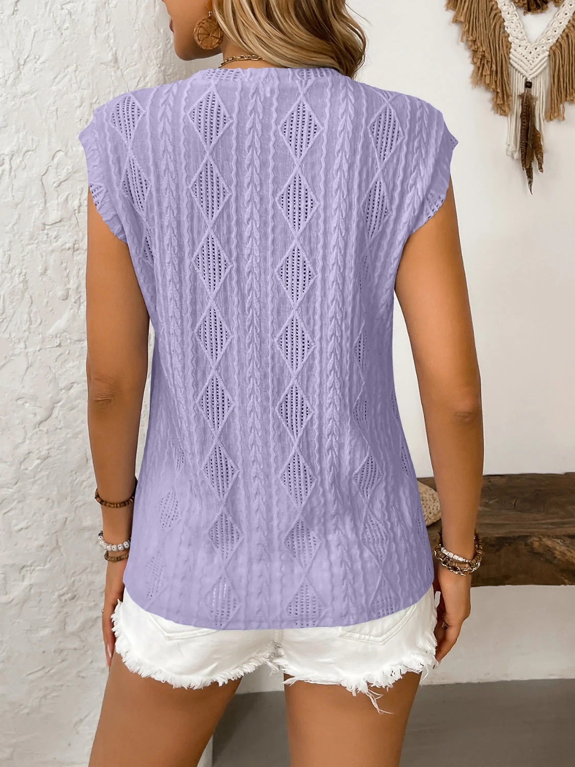 Eyelet Round Neck Cap Sleeve Top - Image 14