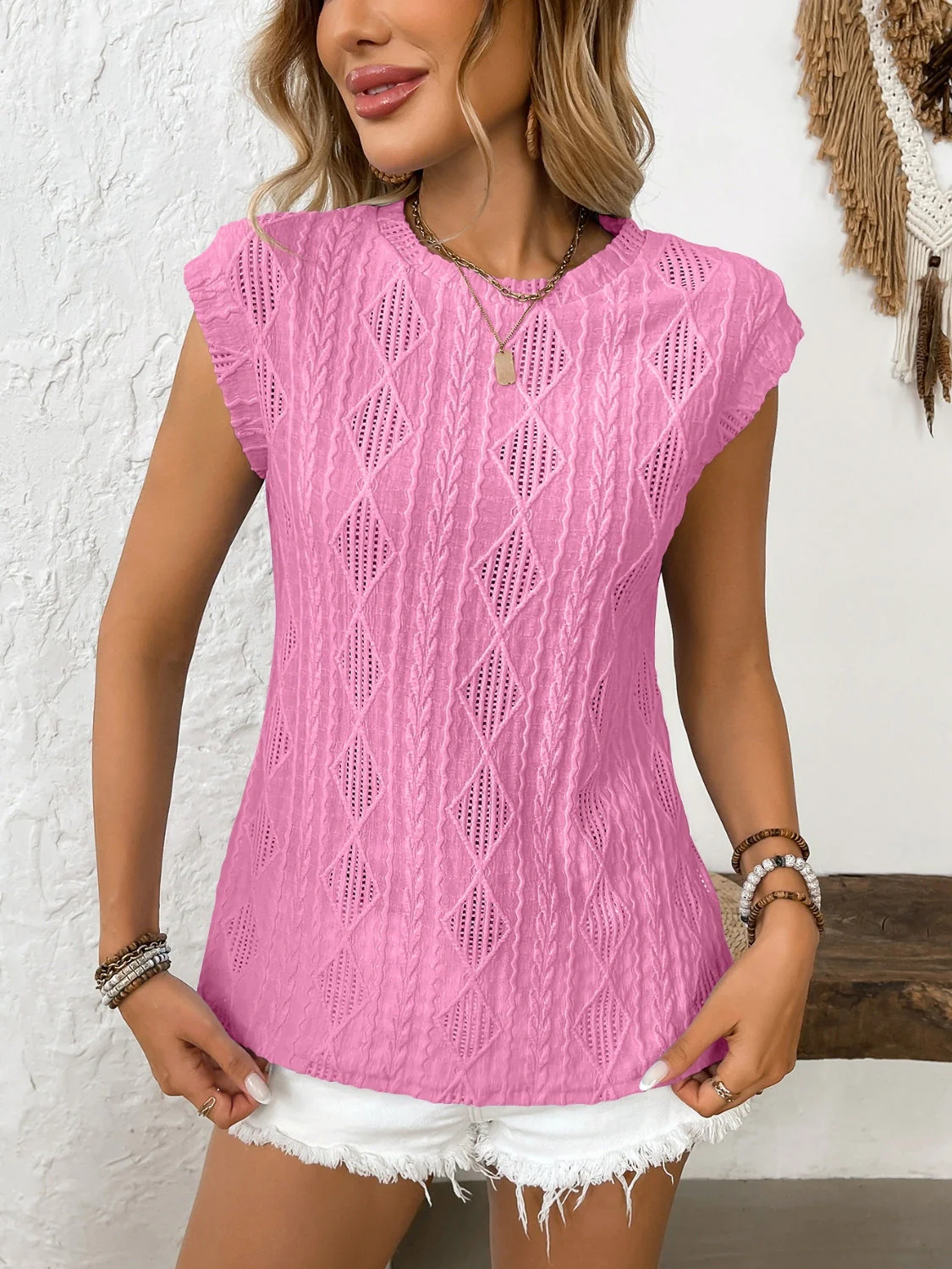 Eyelet Round Neck Cap Sleeve Top - Image 16
