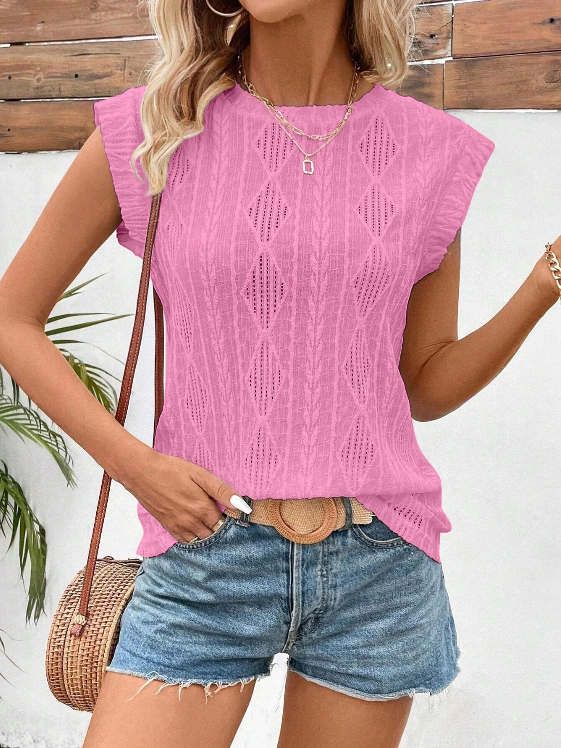 Eyelet Round Neck Cap Sleeve Top - Image 18