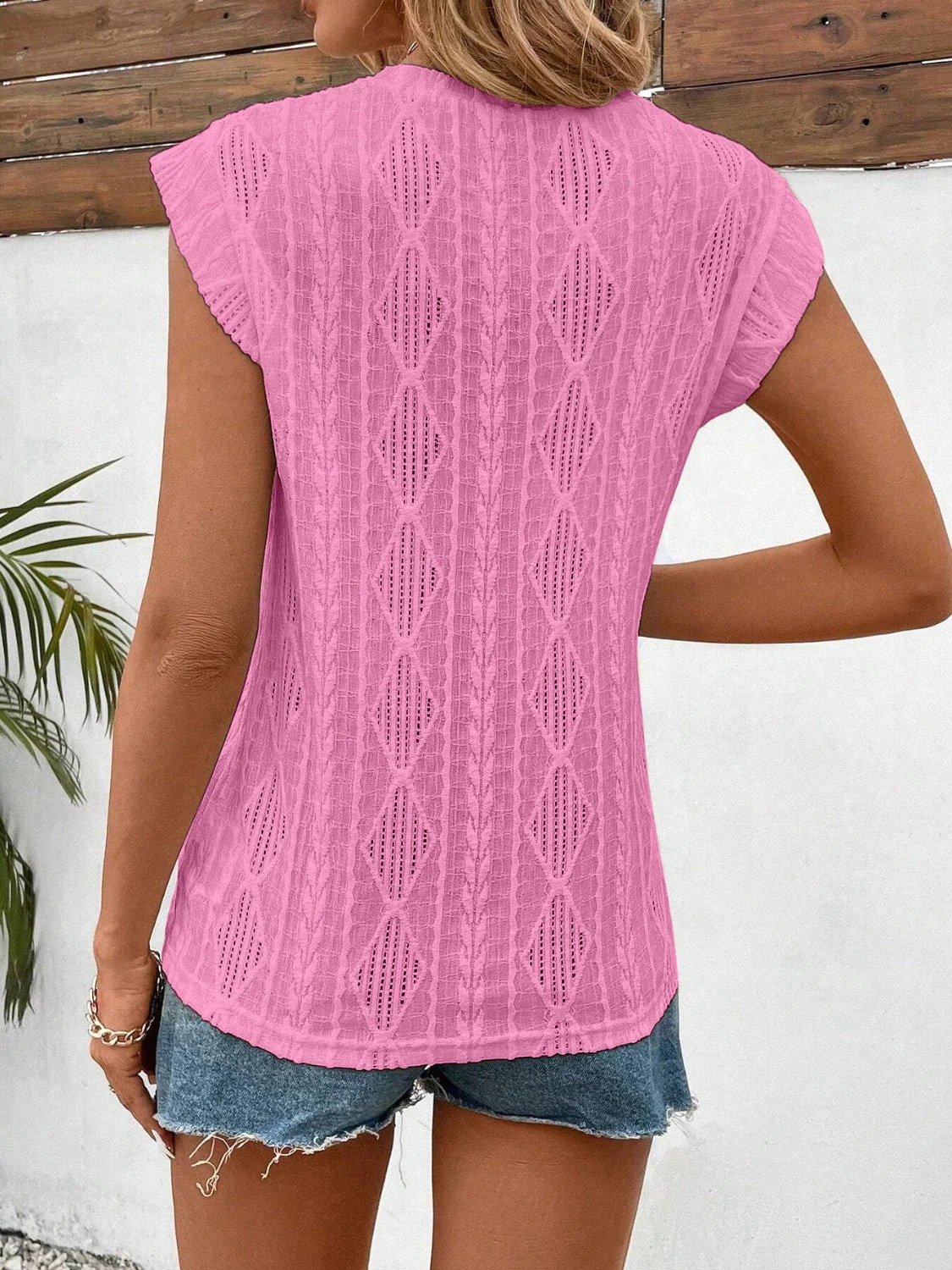 Eyelet Round Neck Cap Sleeve Top - Image 20