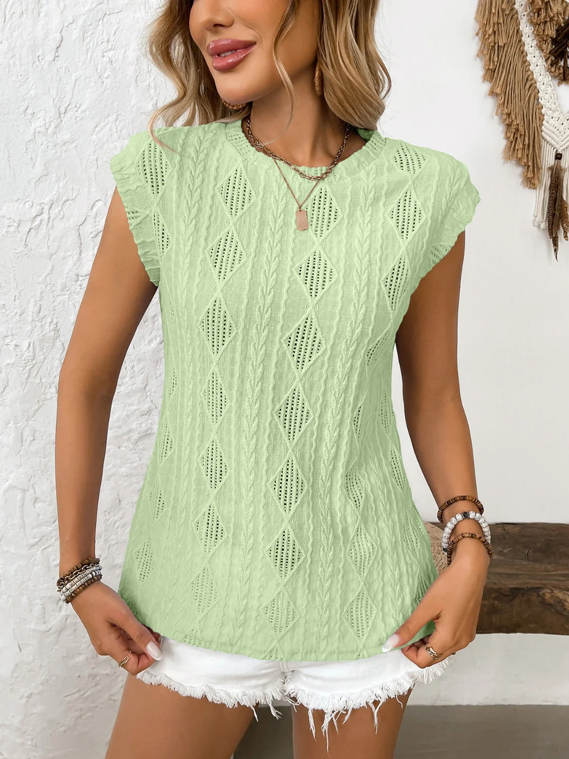 Eyelet Round Neck Cap Sleeve Top - Image 4