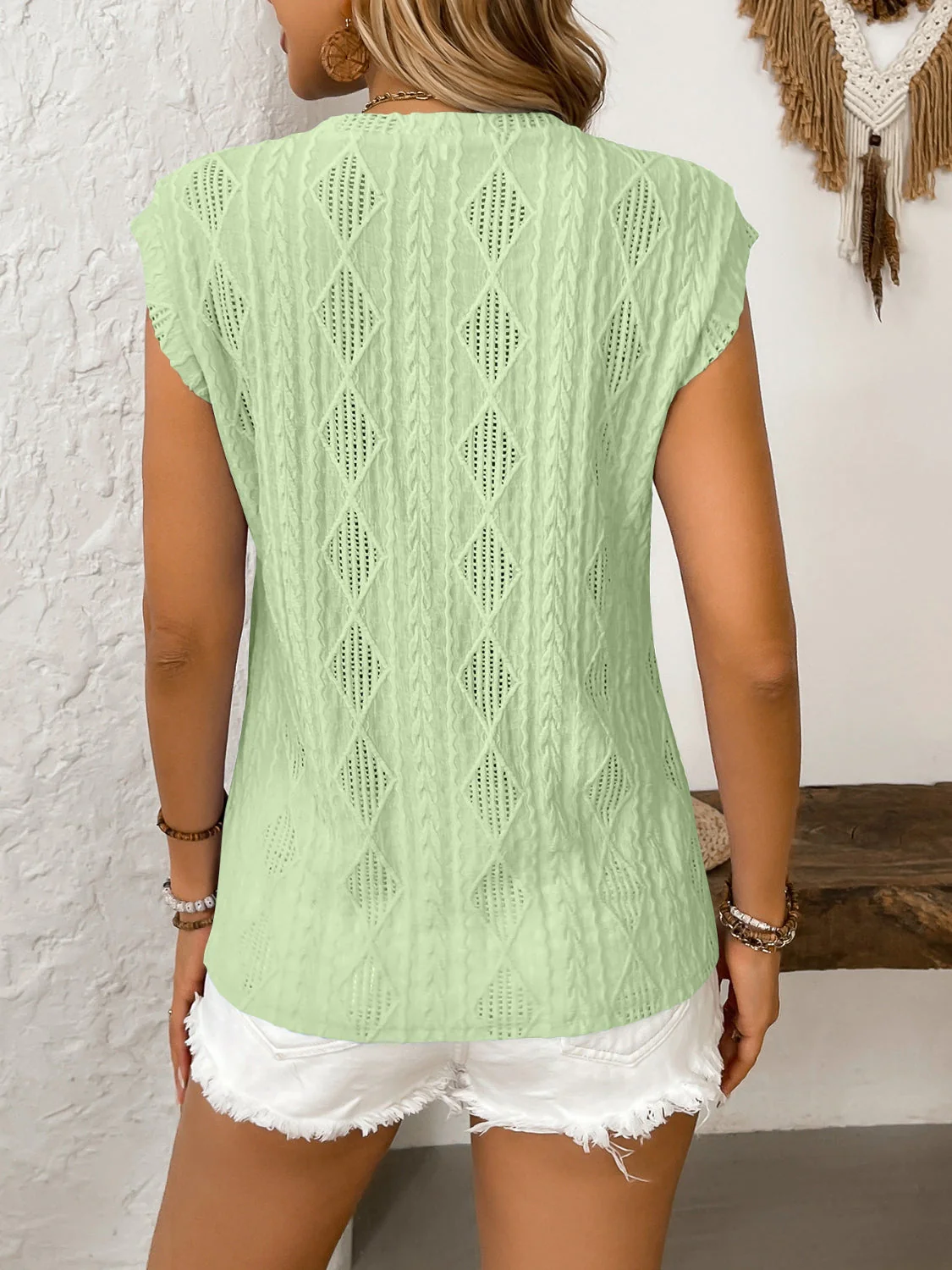Eyelet Round Neck Cap Sleeve Top - Image 5