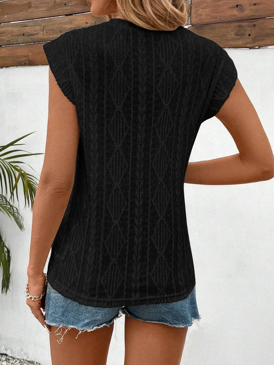Eyelet Round Neck Cap Sleeve Top - Image 12