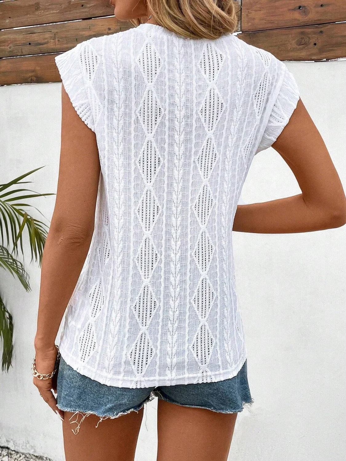 Eyelet Round Neck Cap Sleeve Top - Image 5