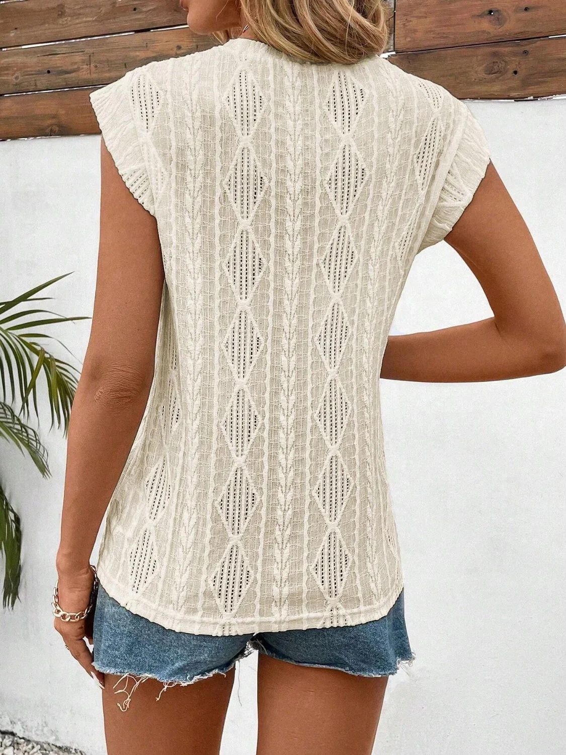 Eyelet Round Neck Cap Sleeve Top - Image 7