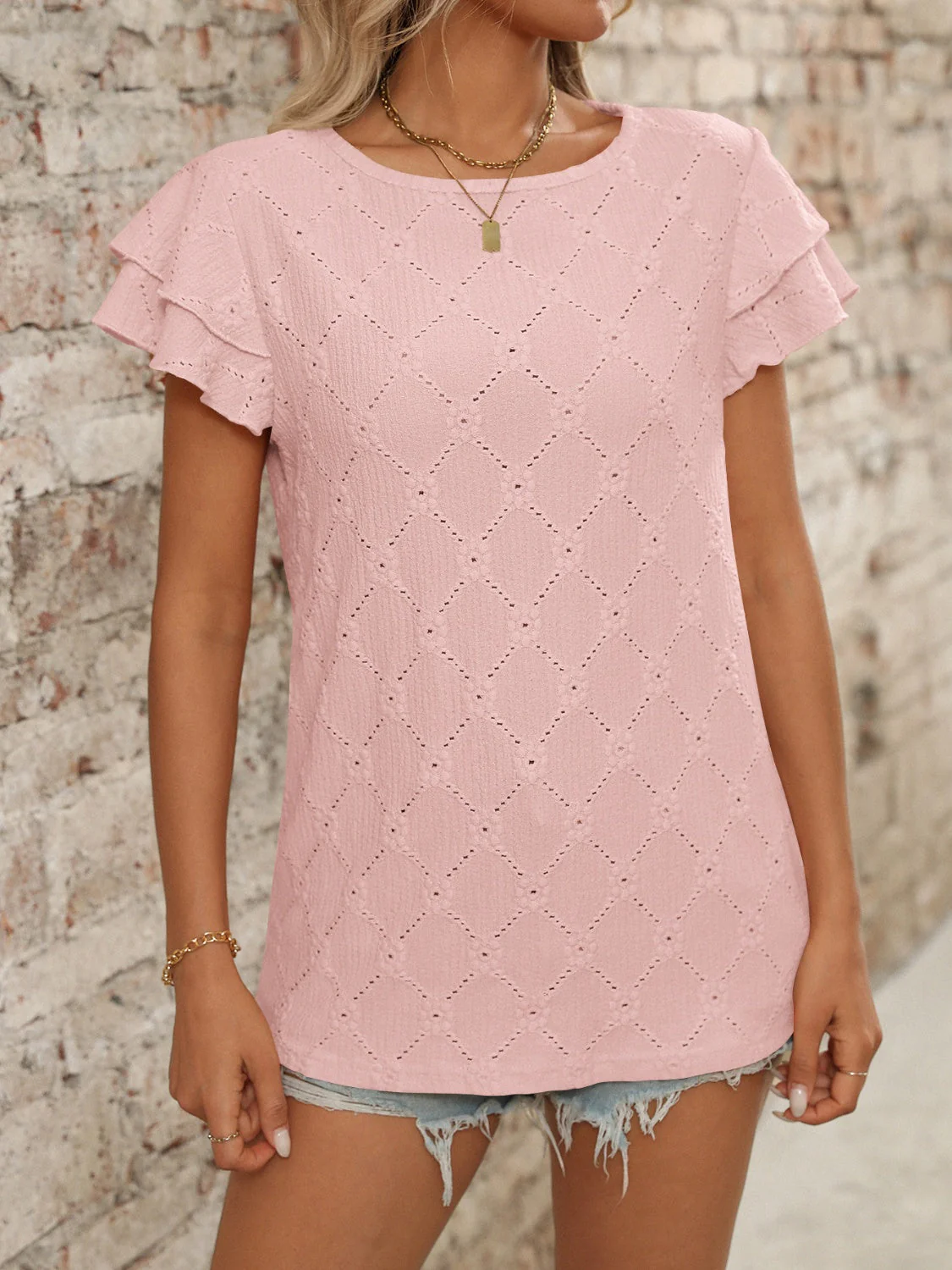 Eyelet Round Neck Double Layered Ruffled Short Sleeve Top - Image 10