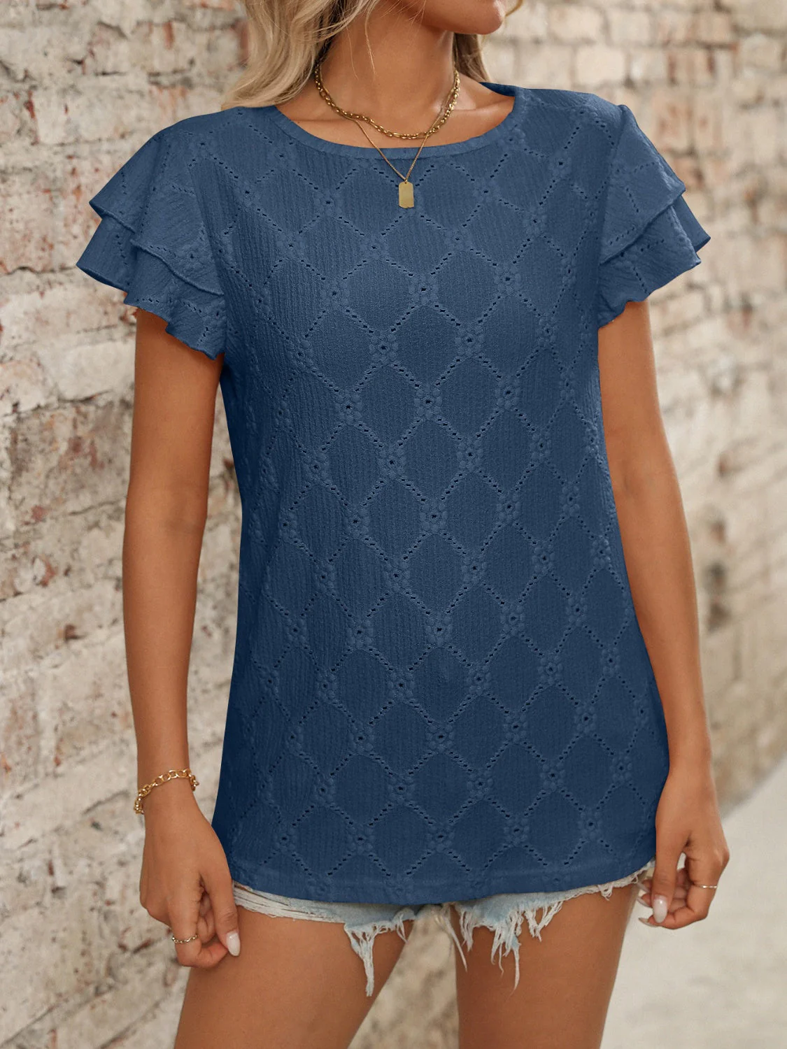 Eyelet Round Neck Double Layered Ruffled Short Sleeve Top - Image 13