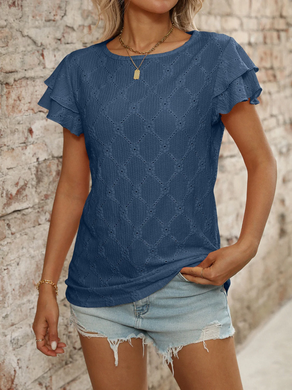 Eyelet Round Neck Double Layered Ruffled Short Sleeve Top - Image 14