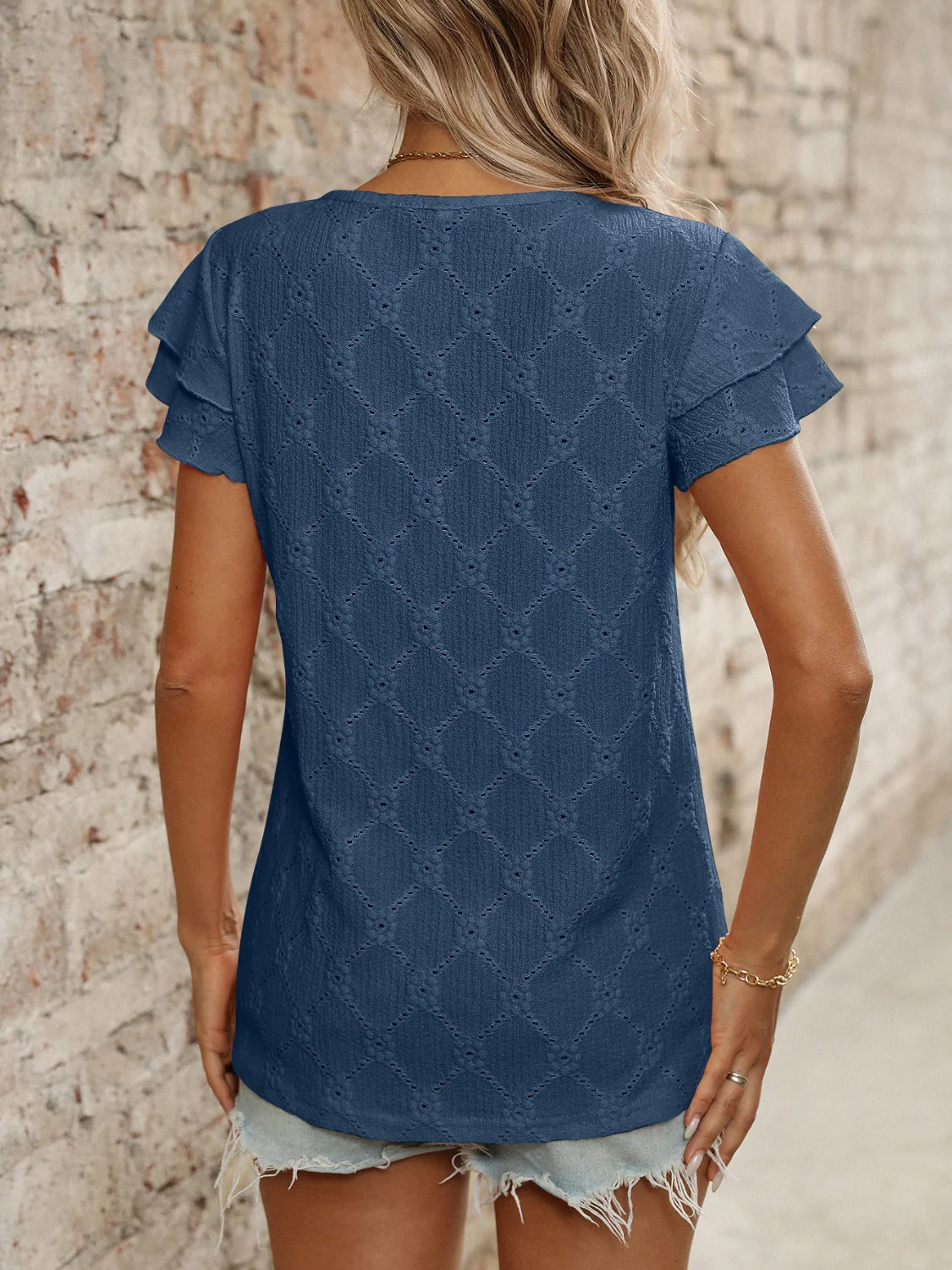 Eyelet Round Neck Double Layered Ruffled Short Sleeve Top - Image 15