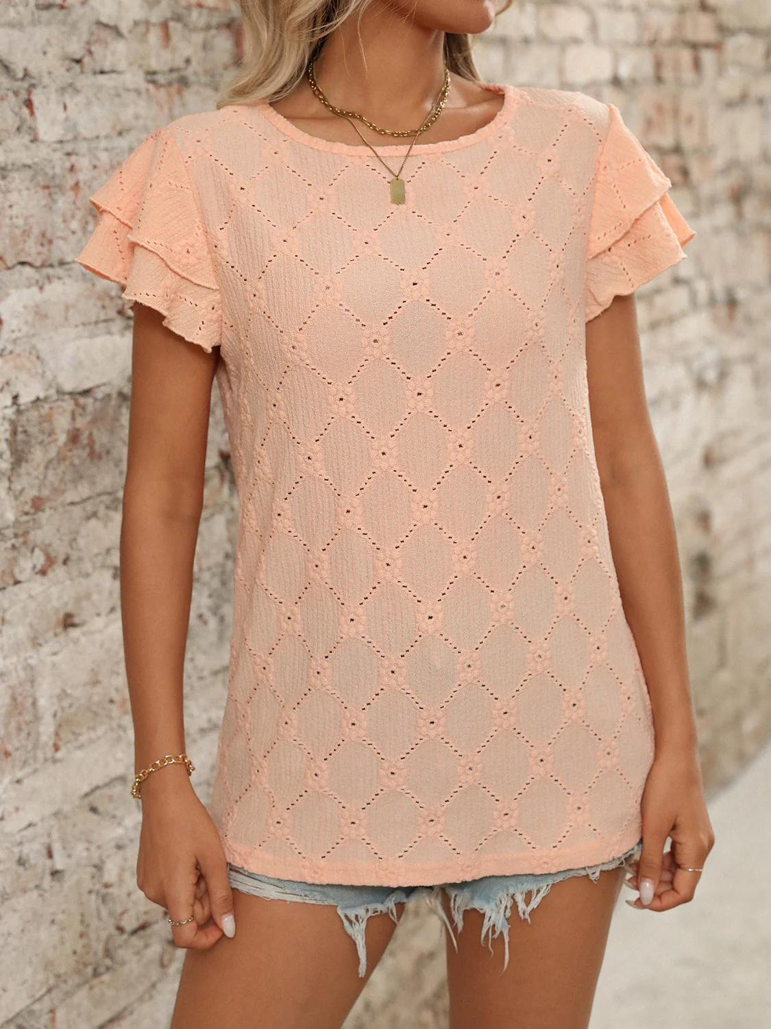 Eyelet Round Neck Double Layered Ruffled Short Sleeve Top - Image 18