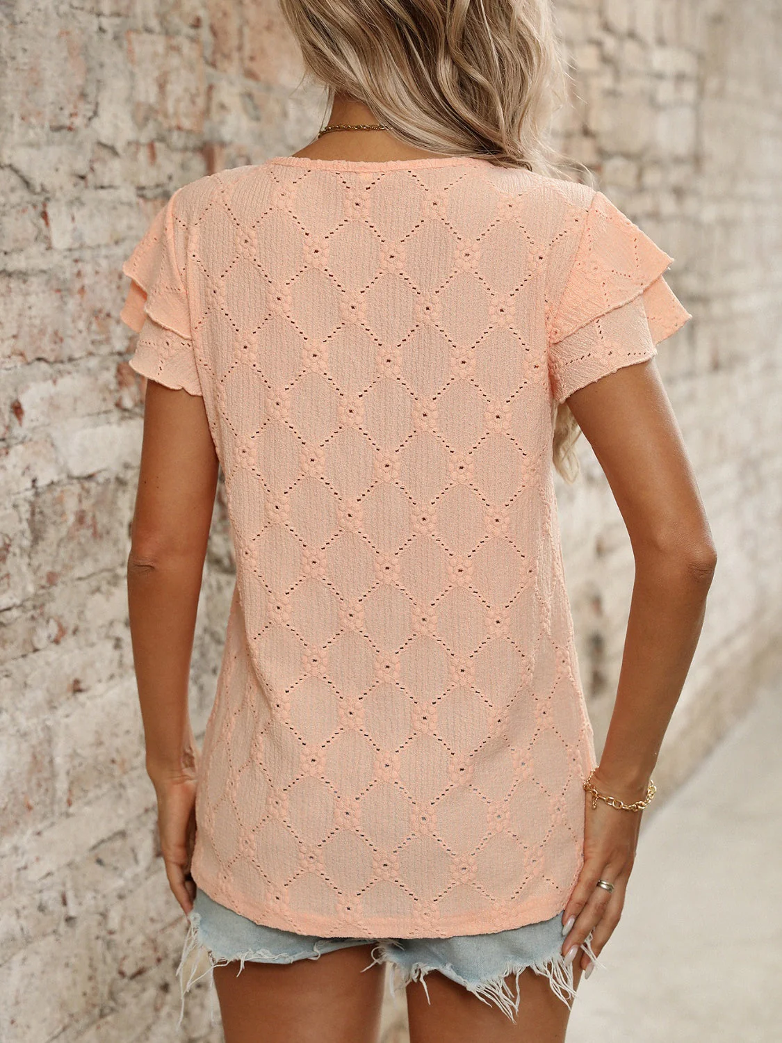 Eyelet Round Neck Double Layered Ruffled Short Sleeve Top - Image 20