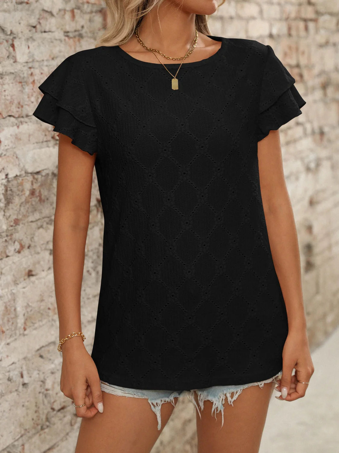 Eyelet Round Neck Double Layered Ruffled Short Sleeve Top - Image 22