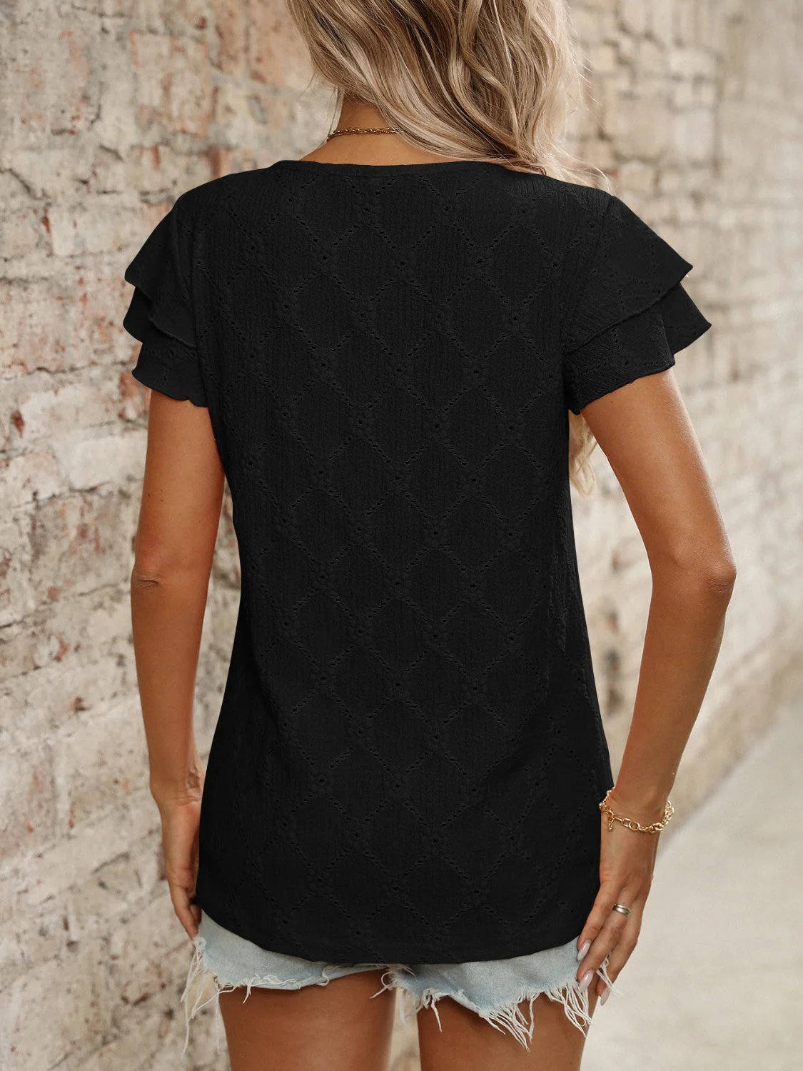 Eyelet Round Neck Double Layered Ruffled Short Sleeve Top - Image 23