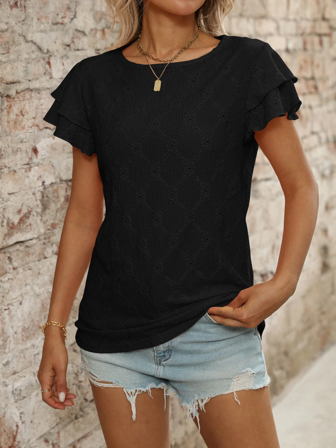 Eyelet Round Neck Double Layered Ruffled Short Sleeve Top - Image 24