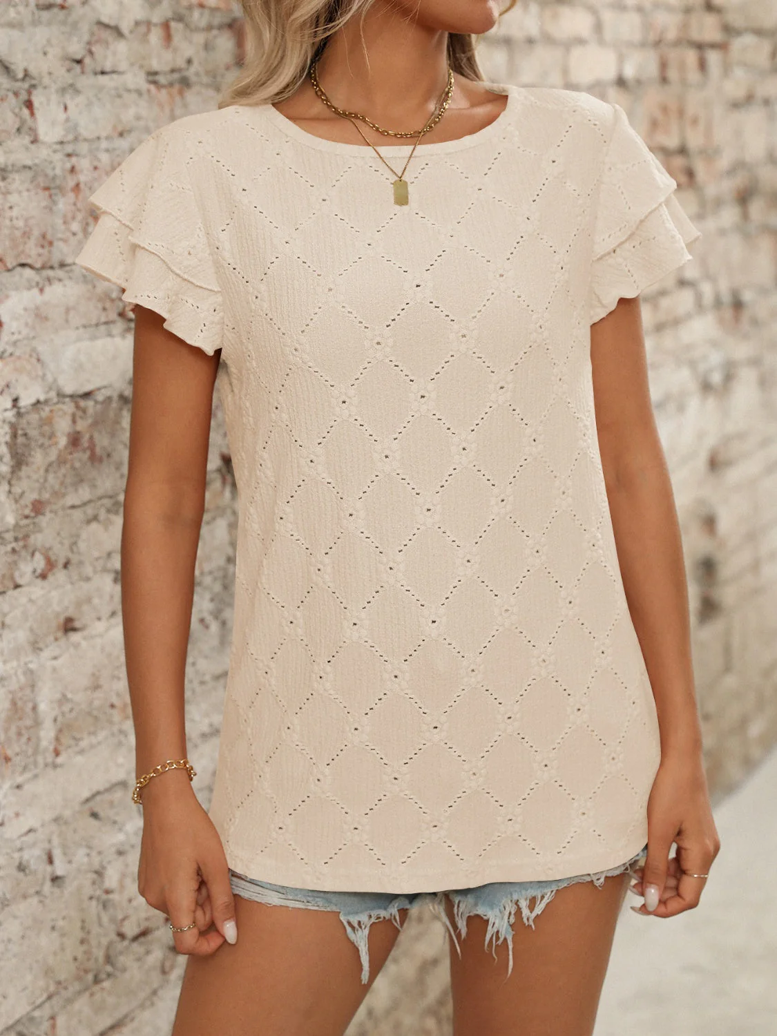 Eyelet Round Neck Double Layered Ruffled Short Sleeve Top - Image 28