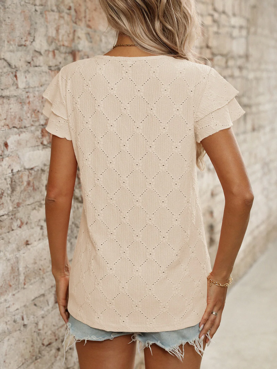 Eyelet Round Neck Double Layered Ruffled Short Sleeve Top - Image 29