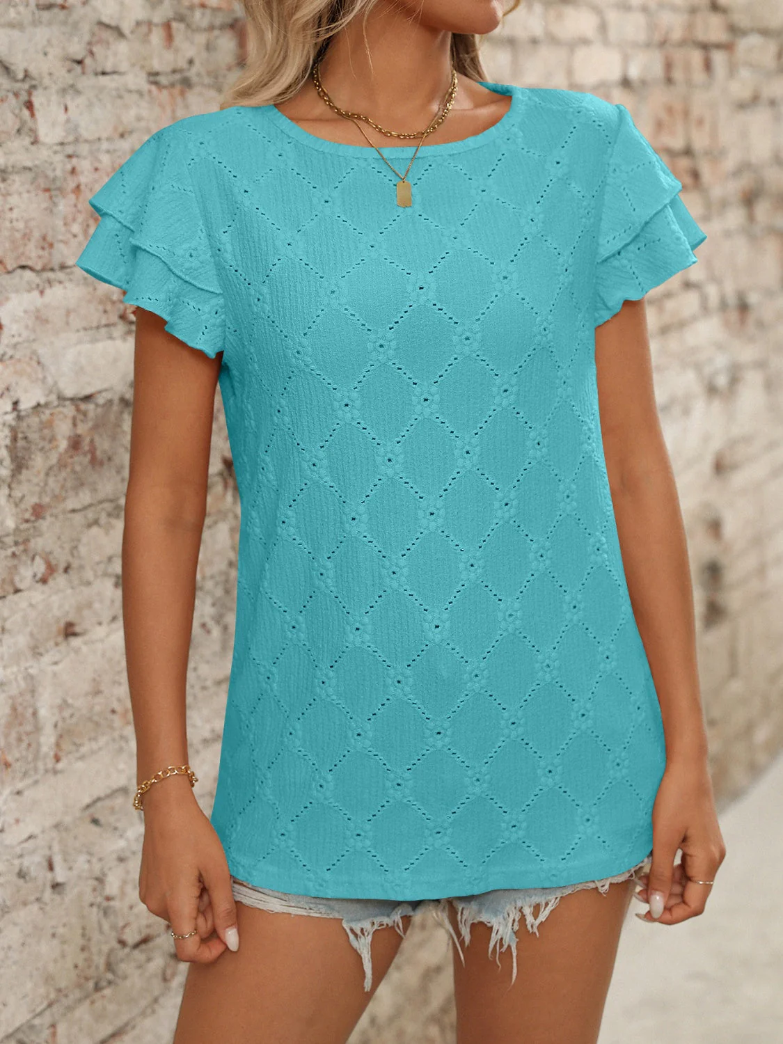 Eyelet Round Neck Double Layered Ruffled Short Sleeve Top - Image 3