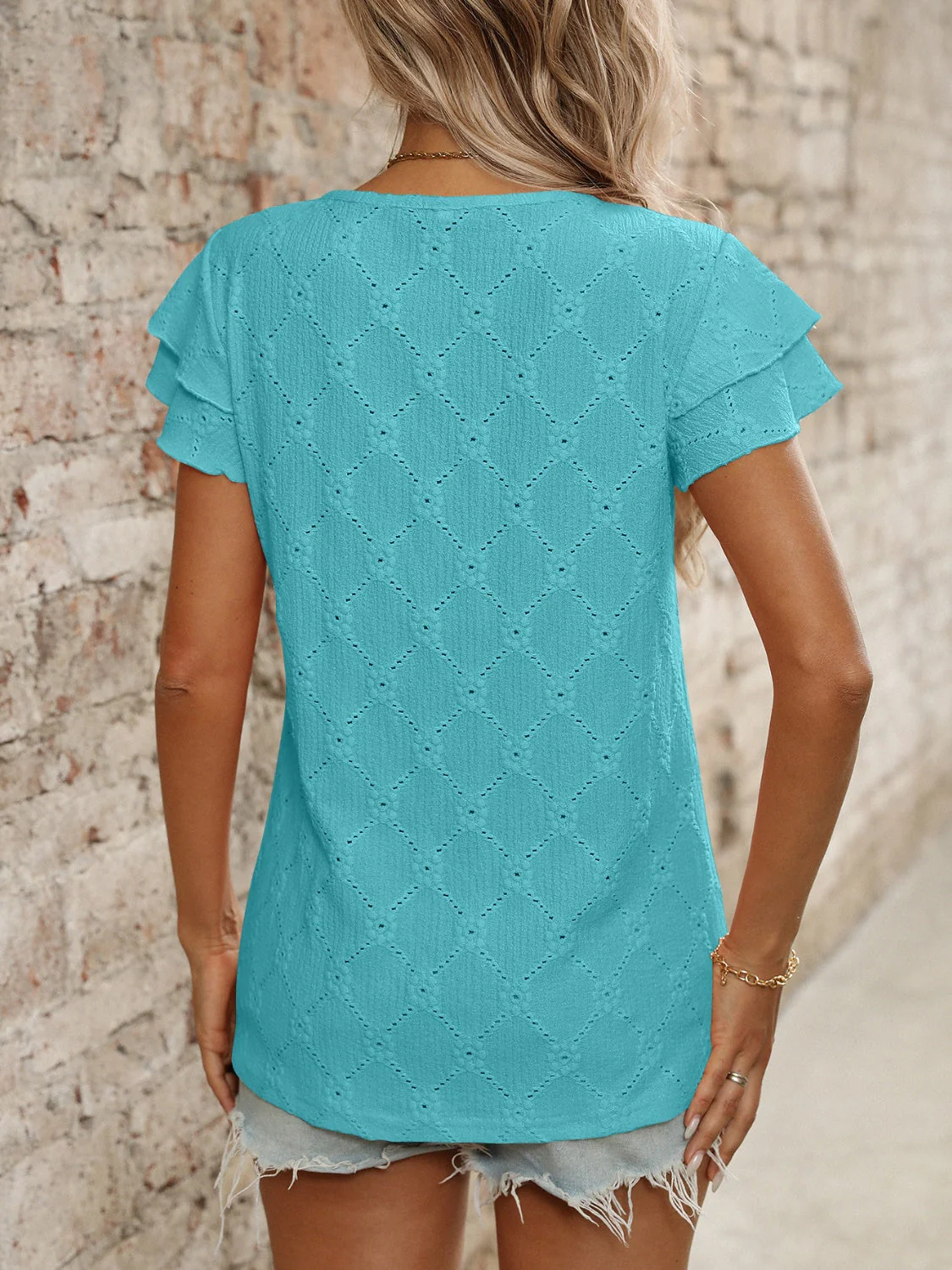 Eyelet Round Neck Double Layered Ruffled Short Sleeve Top - Image 5